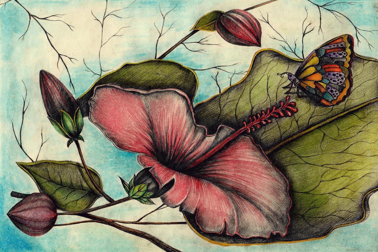 Butterfly on Hibiscus Flower 3D Wallpaper Available in All Size for