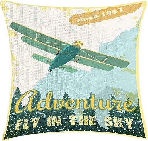 Ambesonne Funda de cojín vintage, avión retro en el cielo árboles sesenta hélice motor histórico de vuelo histórico, funda de almohada decorativa