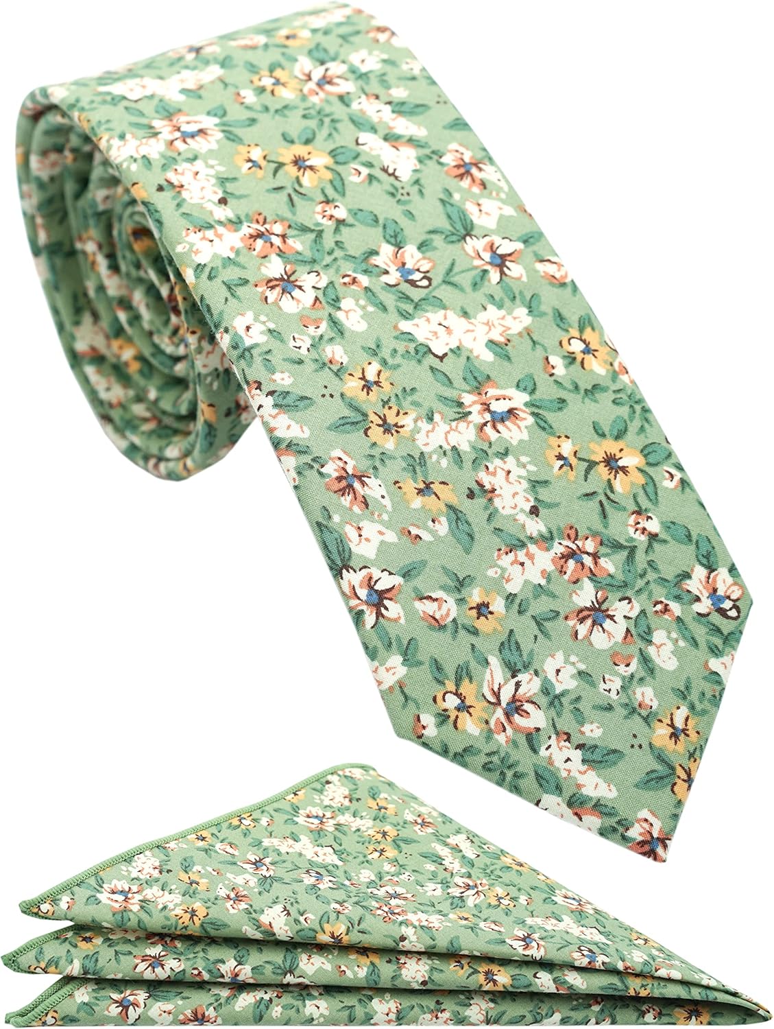 ZENXUS Mens Casual Skinny Floral Tie Combo Set with Flower Pocket Square 2½" Cotton Necktie Hand Made