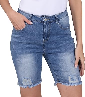 Womens Casual Denim Shorts Bermuda Stretchy Trendy Distressed Frayed Raw Hem Jean Shorts