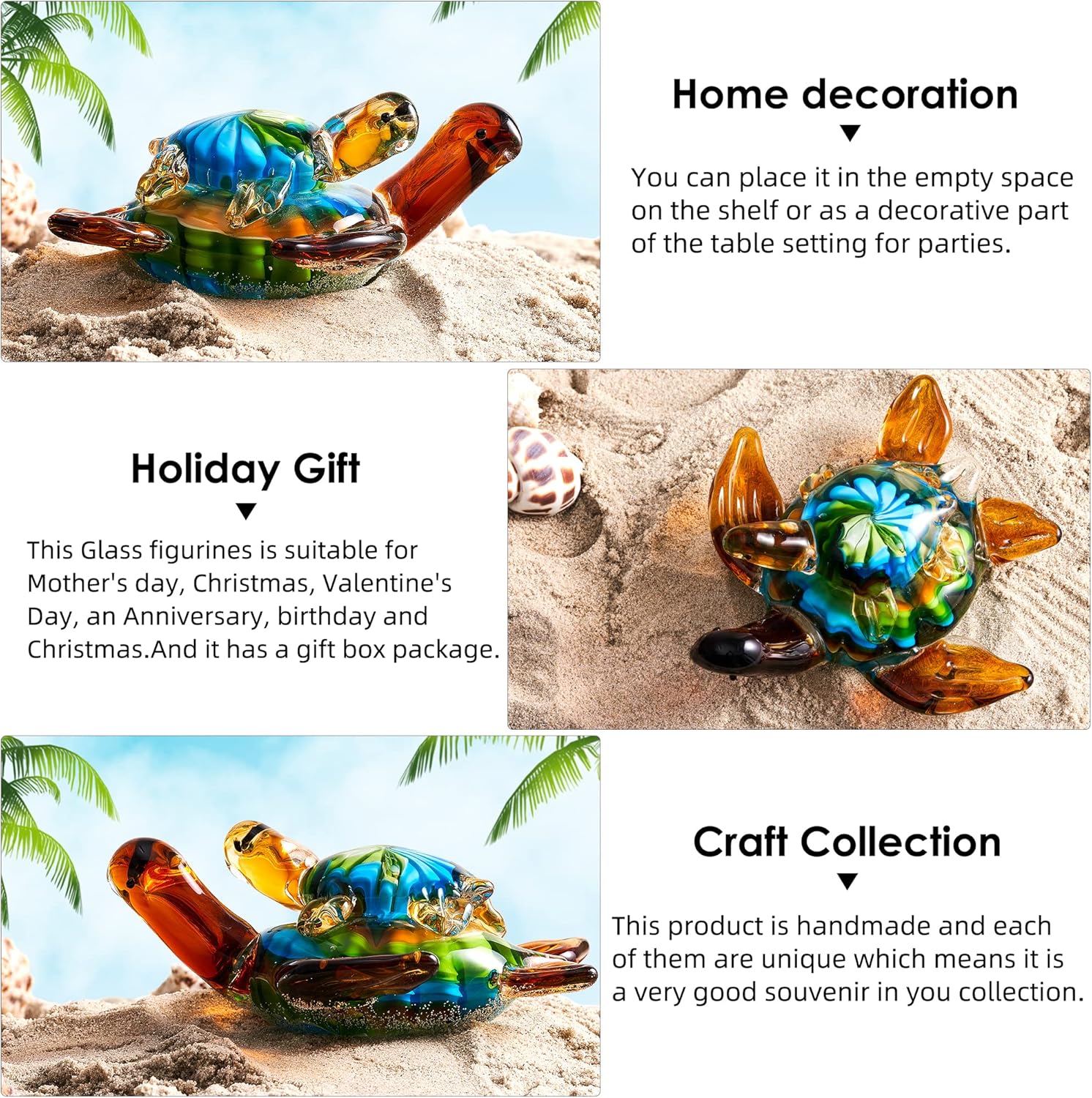 EUSTUMA Hand Blown Glass Sea Turtle Figurines Ornament,Sea Animal Ornament for Home Decor,Sea Animals Collection for Birthday Gift,Glass Tortoise Sculpture - Image 3