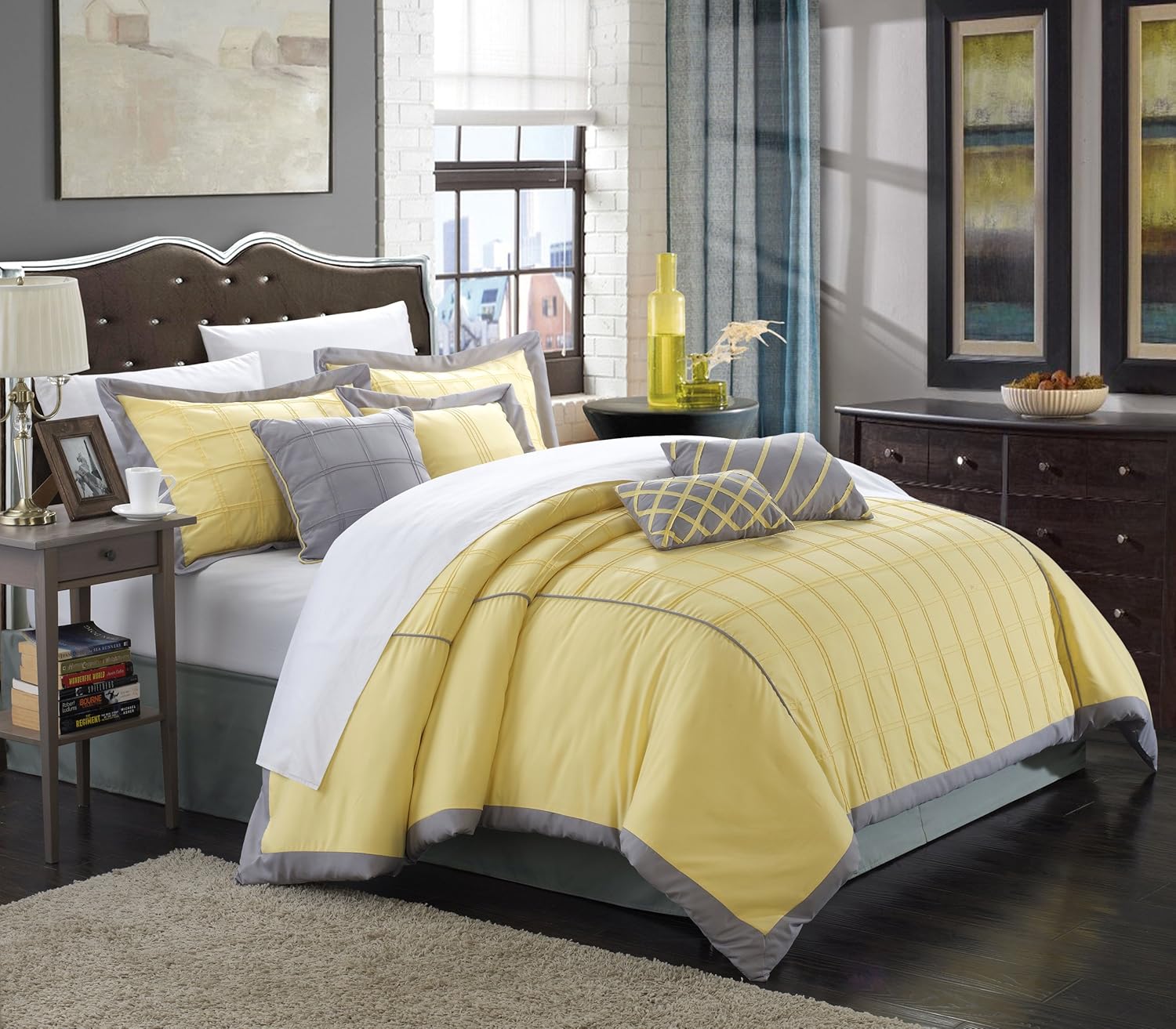 Chic Home 111CQ111-AN 8 Piece Rhodes Pintuck Color Block Comforter Set, Queen, Yellow