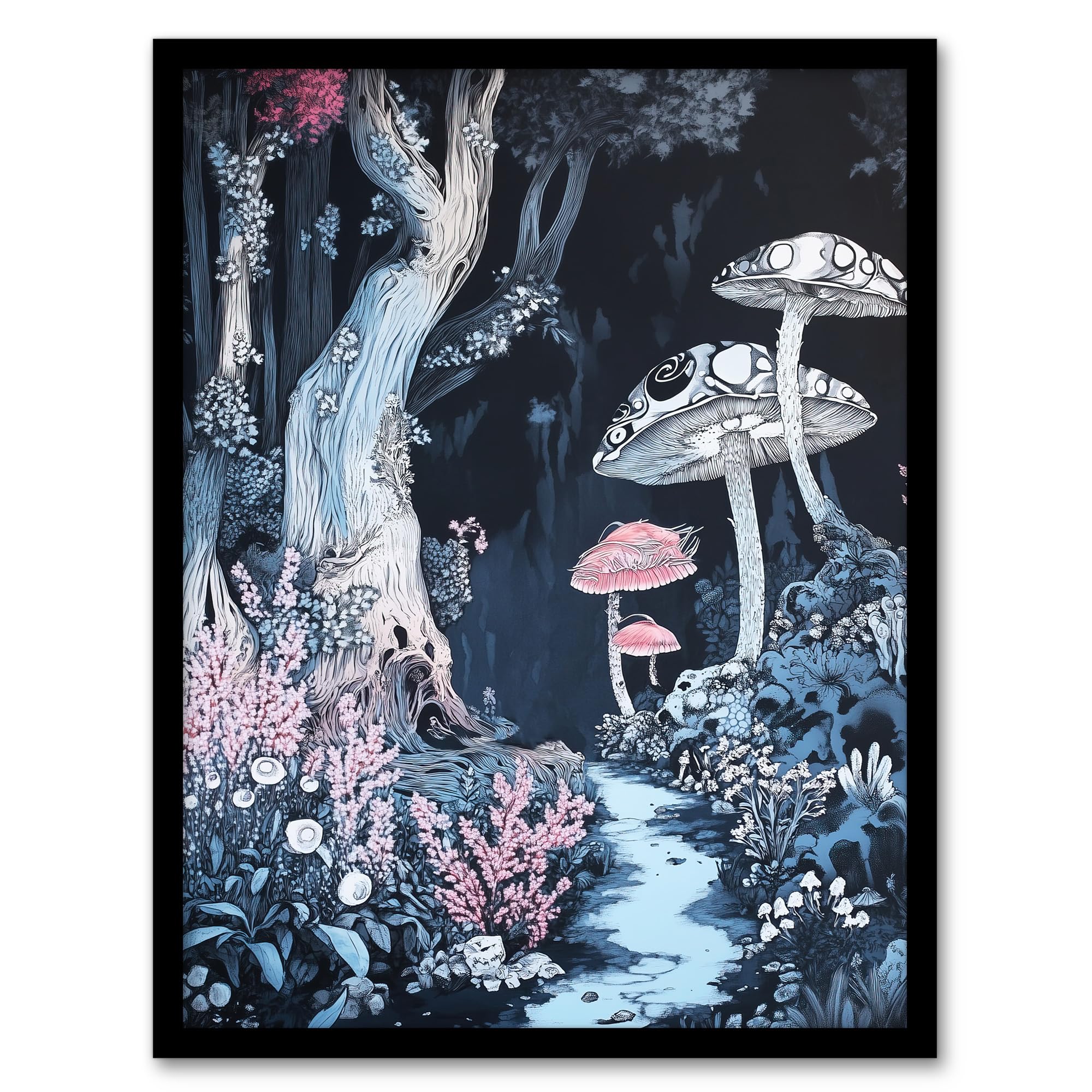 Artery8 Magical Forest Mushroom Wildflower Path Fantasy Living Room Artwork Framed Wall Art Print A4
