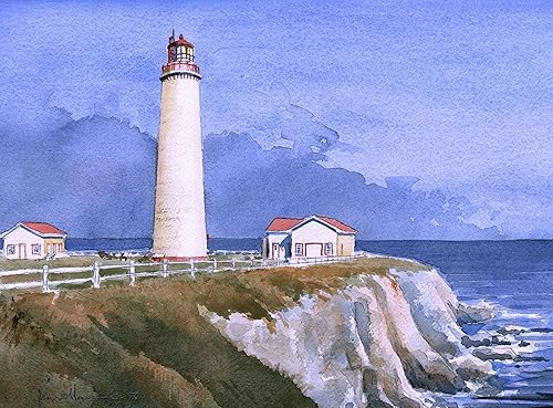 Cap des Rosiers - Imán para nevera con diseño de faro de 3.5 x 4.75. Península de Gaspé, Quebec, Canadá. Pintura en acuarela de James Mann