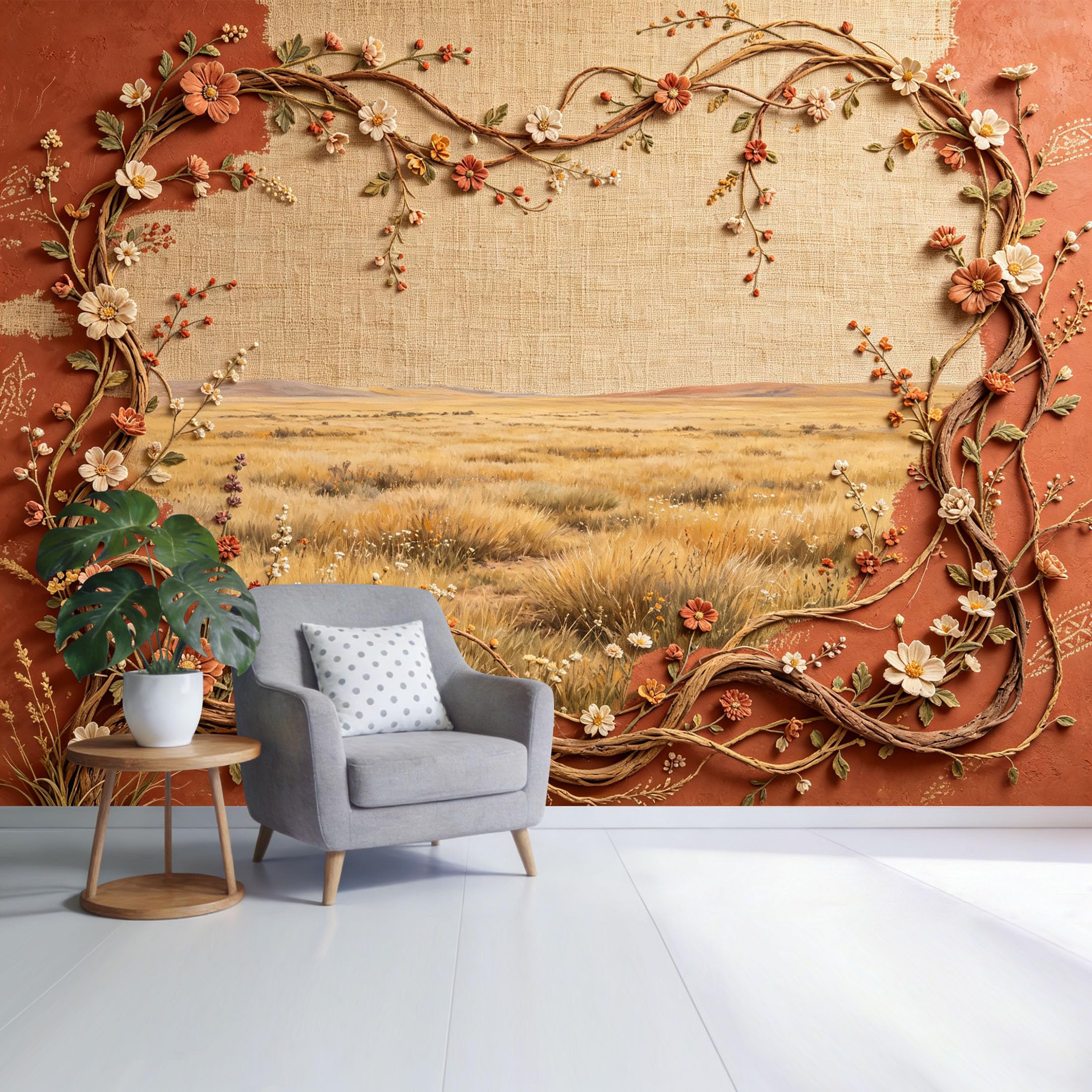 Custom Size Wall Mural Botanical Floral Frame Rustic Meadow Landscape Textured Pastoral Art SelfAdhesive Wall Fabric Removable Wallpaper for Home Office Decor