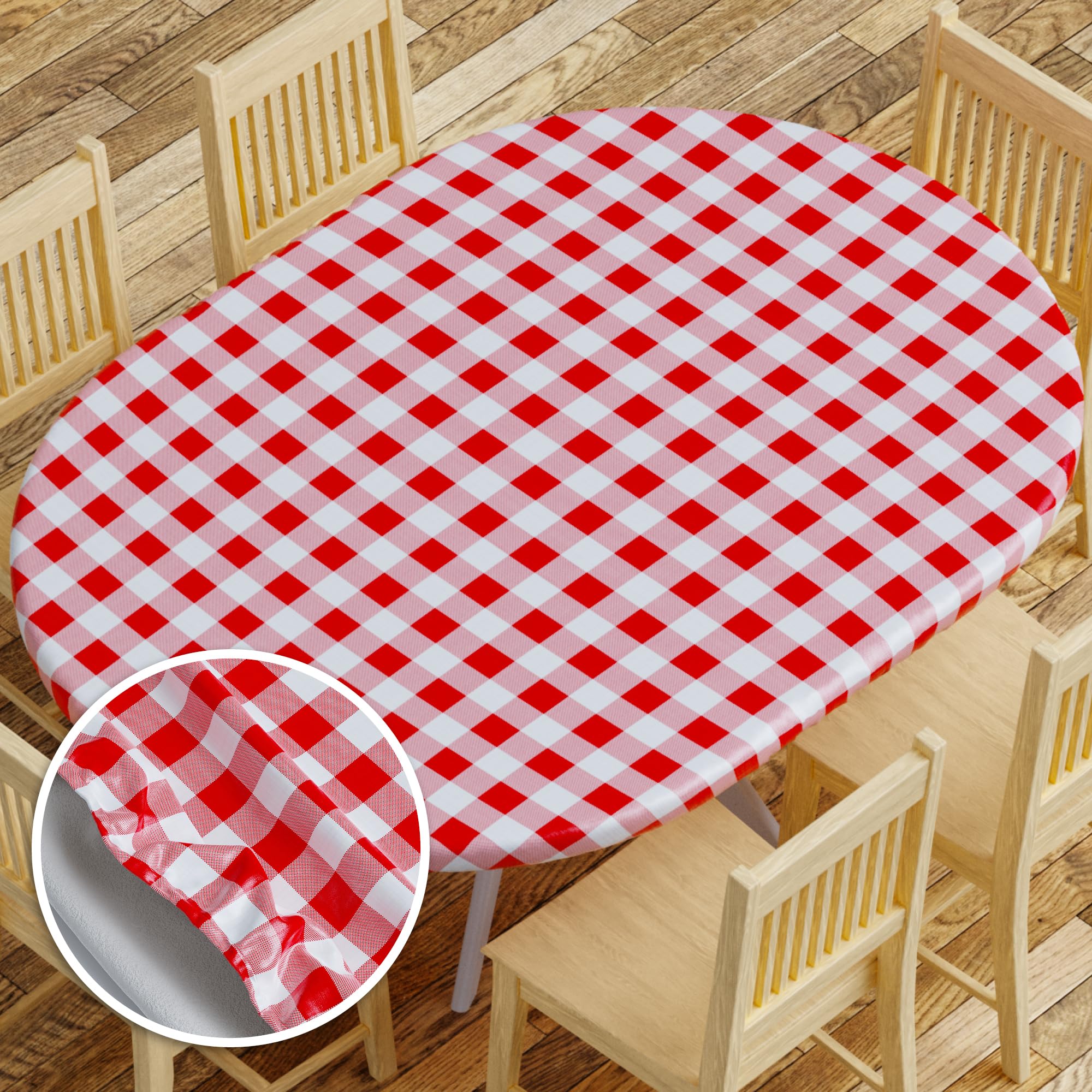 Sorfey Vinyl Fitted Tablecloth Cover, Checke Design, Flannel Backed Lining Fits Tables Up-to 48x68 Oval/Oblong Red