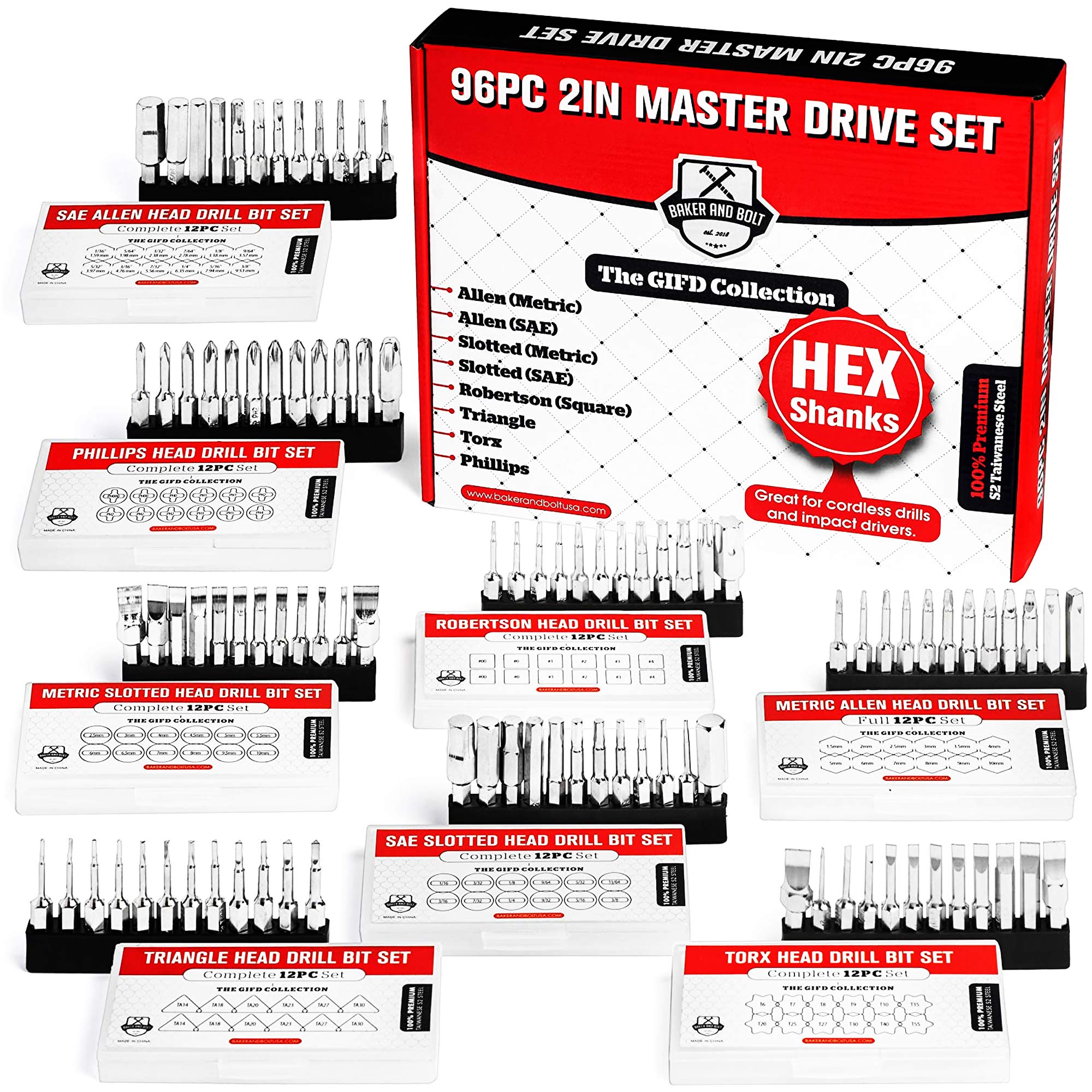 96pc Master Screwdriver Bit Set- Full Driver Set- Phillips, Robertson, Allen (Metric), Allen (SAE), TORX, Slotted (SAE), Slotted (Metric)- Magnetic Hex Shank Drill Bits- The Full GIFD Collection