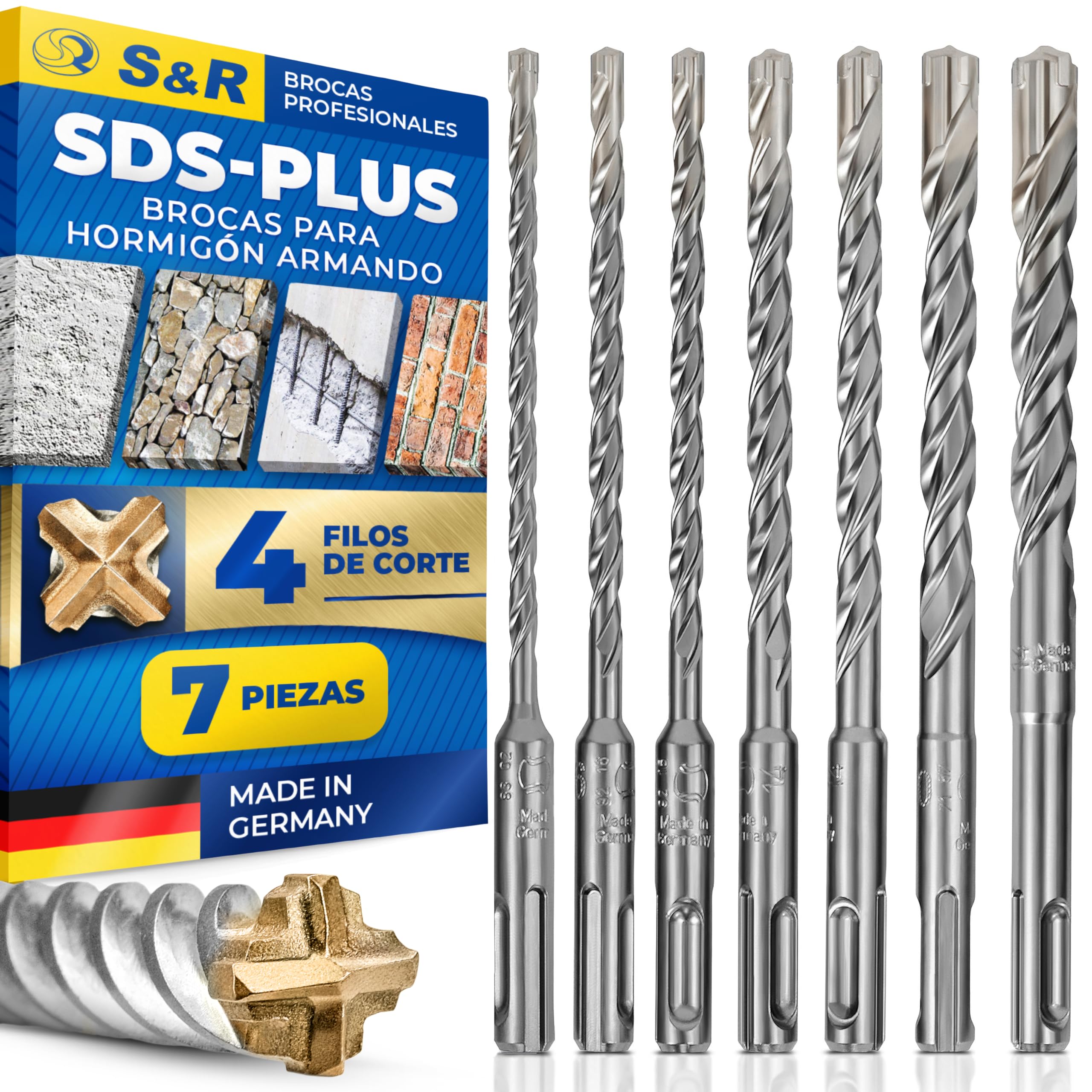S&R Brocas SDS 4 ECO PLUS (4 Cortadores) Juego de 7 Brocas Pared, Hormigón | Renforzado Made in Germany 5/6/8/10 mm x 10 e 16 cm Calidad Profesional
