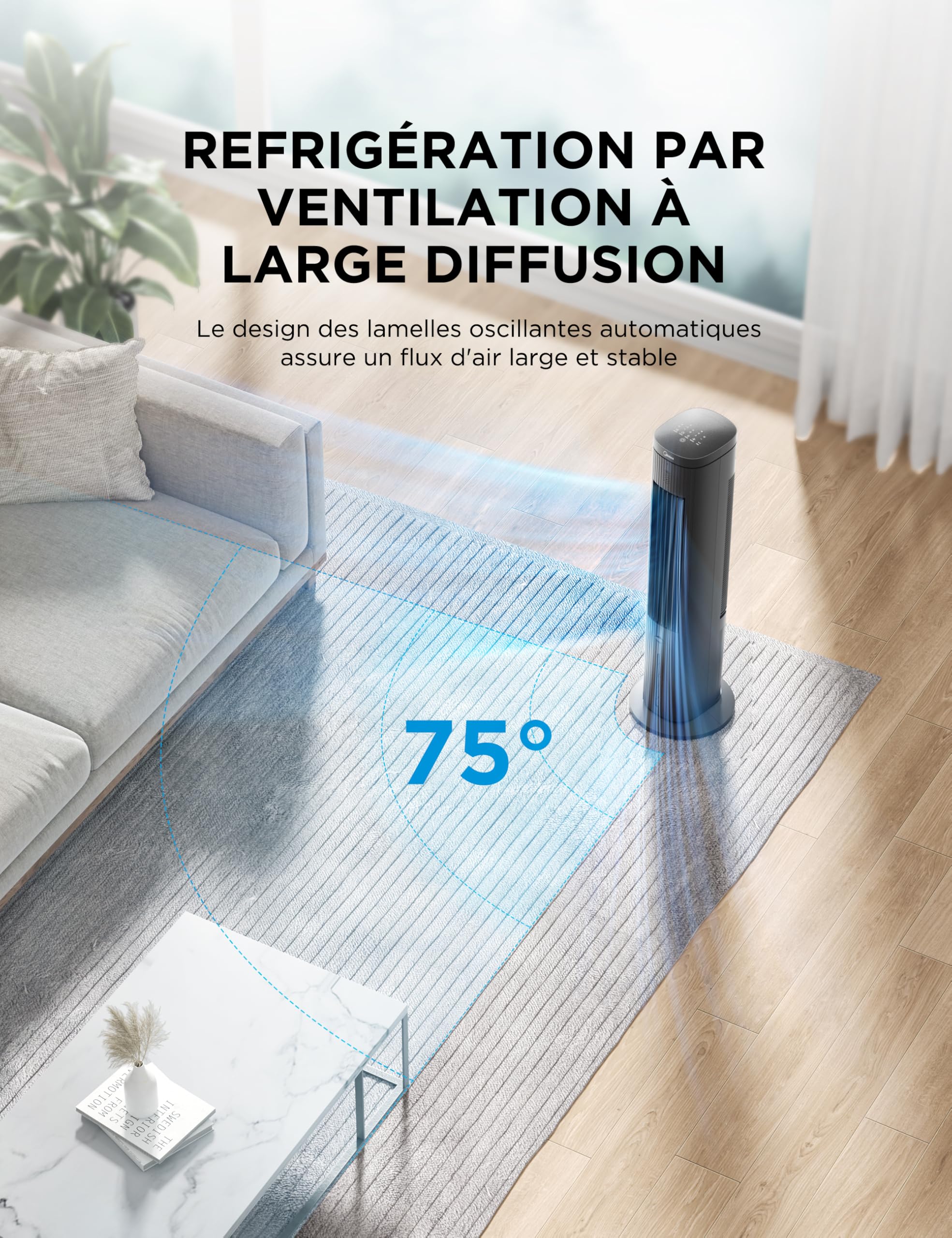 Midea 5L-3en1-Ventilateur Rafraîchisseur d'Air avec Télécommande, 3 Vitesses, 3 Modes, Oscillation à 75°, Minuterie 7H, Climatiseur Mobile Sans Évacuation, Puissant & Silencieux, Humidificateur, Noir