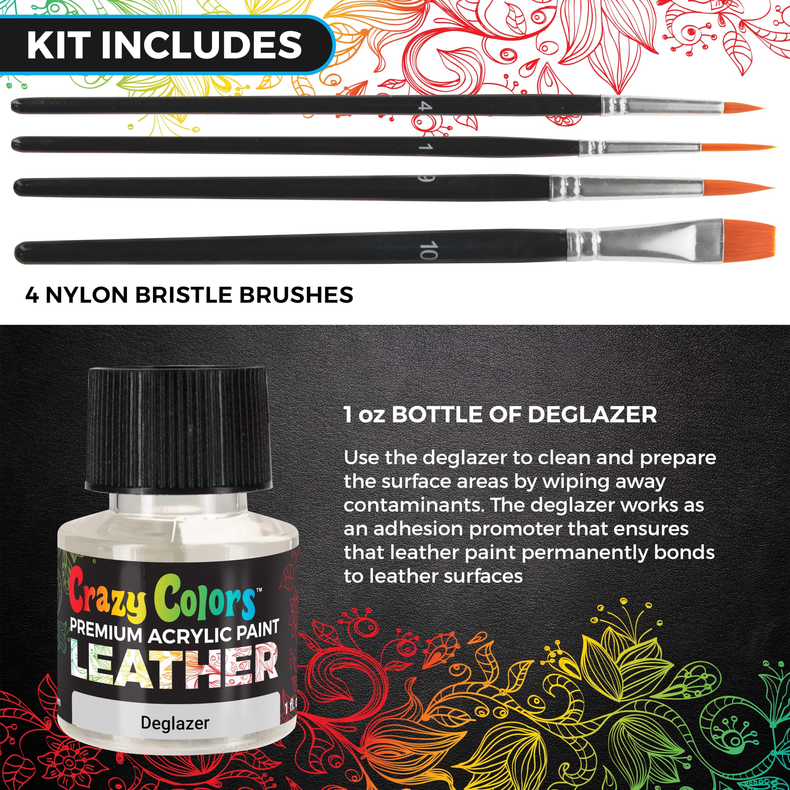 Crazy Colors Kit de pintura acrílica de alta calidad para cuero y zapatos, 13 colores, desengrasante, juego de pinceles de 4 piezas, botellas de 1 onza, flexible, resistente a los arañazos, zapatillas