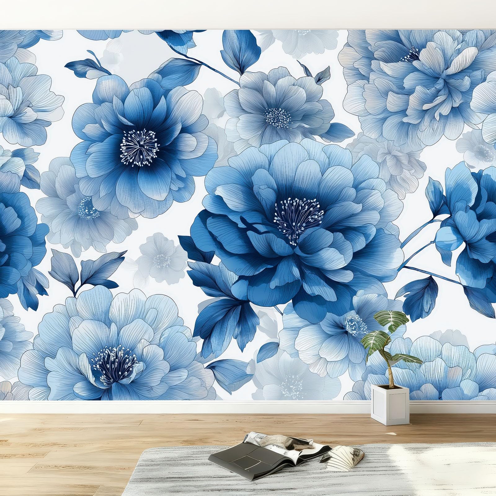 Panoramiczna tapeta niebieskie rośliny kwiaty liście, francuska tapeta mural - plakat obrazy 250 x 175 cm do salonu sypialni dekoracja domu