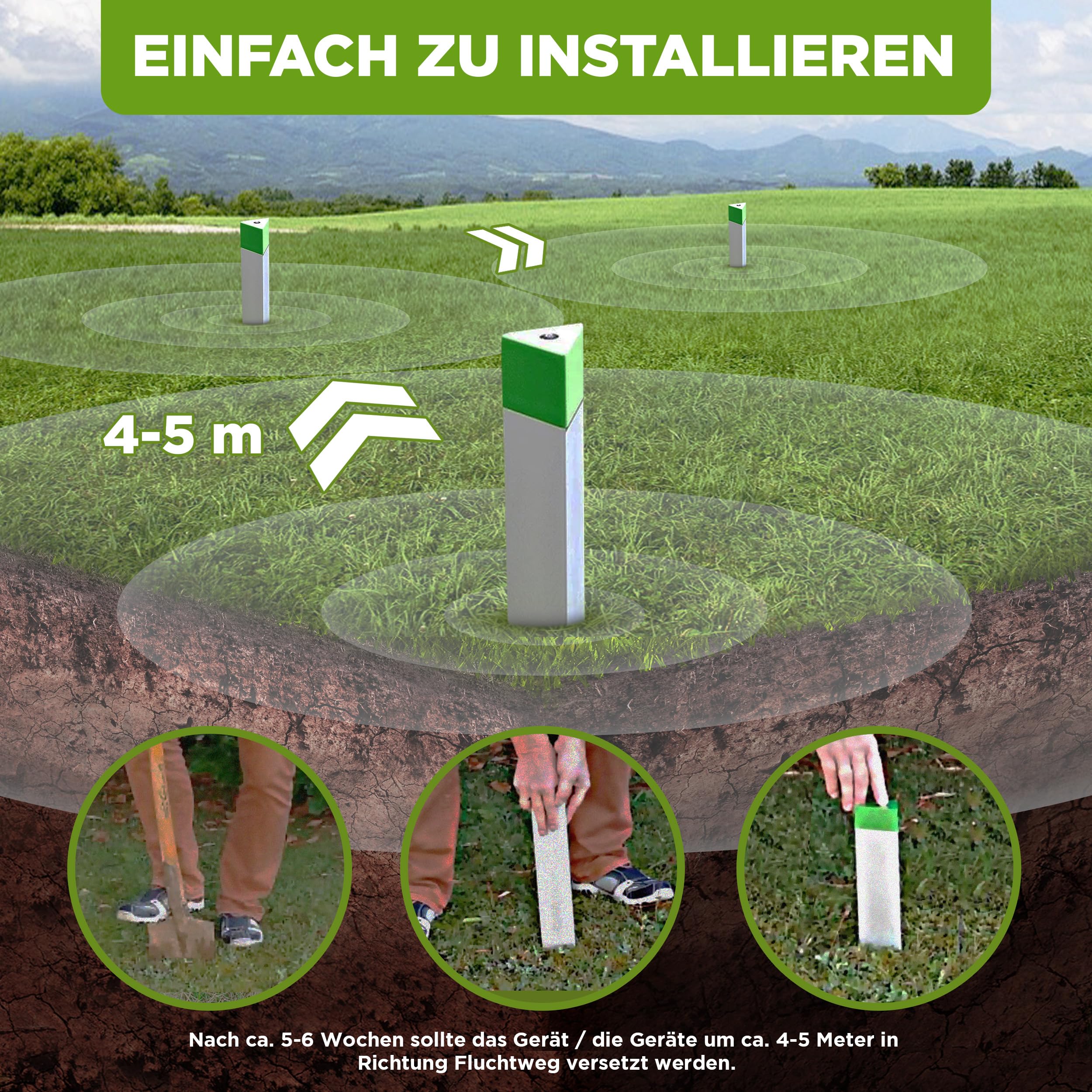 ISOTRONIC Maulwurfabwehr zum Vertreiben von Maulwürfen, Wühlmäusen & Schlangen – batteriebetriebener Maulwurfschreck mit Erdspieß für den Garten – Maulwurfvertreiber 1.250m² Wirkungsbereich (4 Stück)