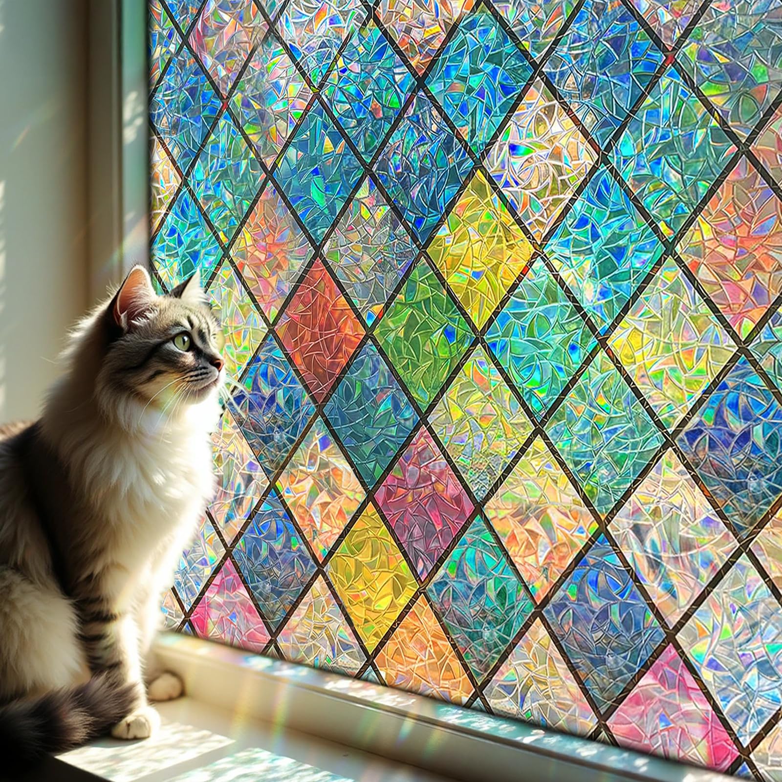DARUITE Stained Glass Window Film, Diamond Pattern Window Film Privacy, Static Cling without Glue Anti UV Decorative Privacy Film for Glass Windows for Home, Office 60x200cm — image 1