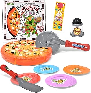 Pizza Party Play Food Toy Set for Kids Slice & Serve Plastic Pizza Pretend Box Pie Cutter Fake Condiments Play Foods & Bookmark for Children Toddlers