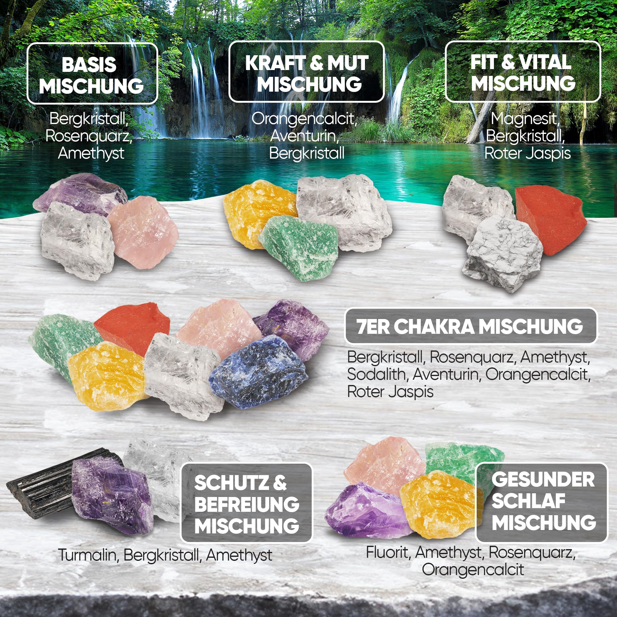 PURAJA All in One Edelstein Set | Alle Wasserstein Mischungen selbst zusammenstellen | Je ein Stück von den 10 beliebtesten Wasser- & Heilsteinen | 100% Natursteine