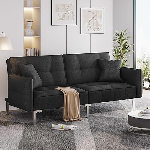 Miniatura 5 de Yaheetech Sofá futón convertible con reposabrazos, sofá reclinable para el hogar, muebles de sala de estar, tela de lino, color negro