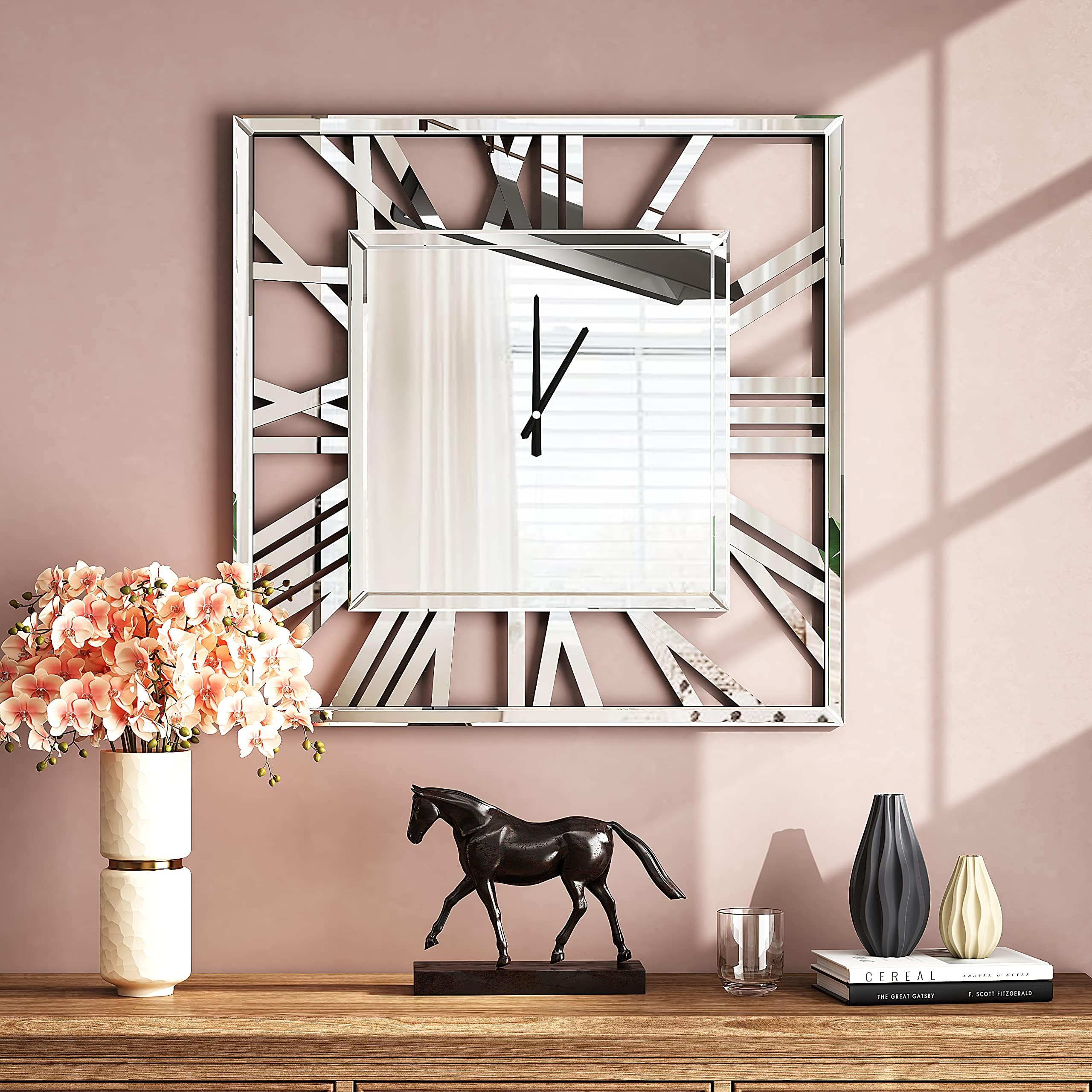 SHYFOY - Reloj de pared cuadrado grande y moderno, 60 cm, silencioso, casi sin tic-tac con pilas, espejo de cristal, números romanos, para sala de estar, dormitorio, cocina, decoración de pared