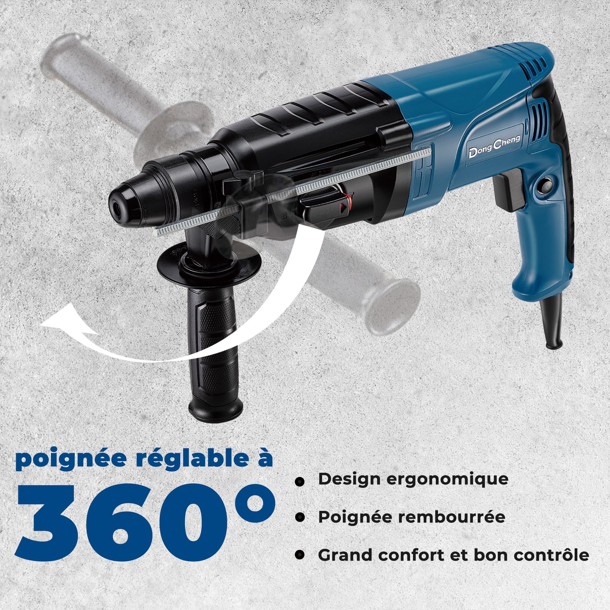 DongCheng marteau perforateur 800W, énergie d'impact 2.8 J, vitesse de ralenti 0-1200U/min, avec 4 Drill Bit SDS plus, 26mm, perceuse 4 en 1, marteau de démolition, poignée anti-vibration