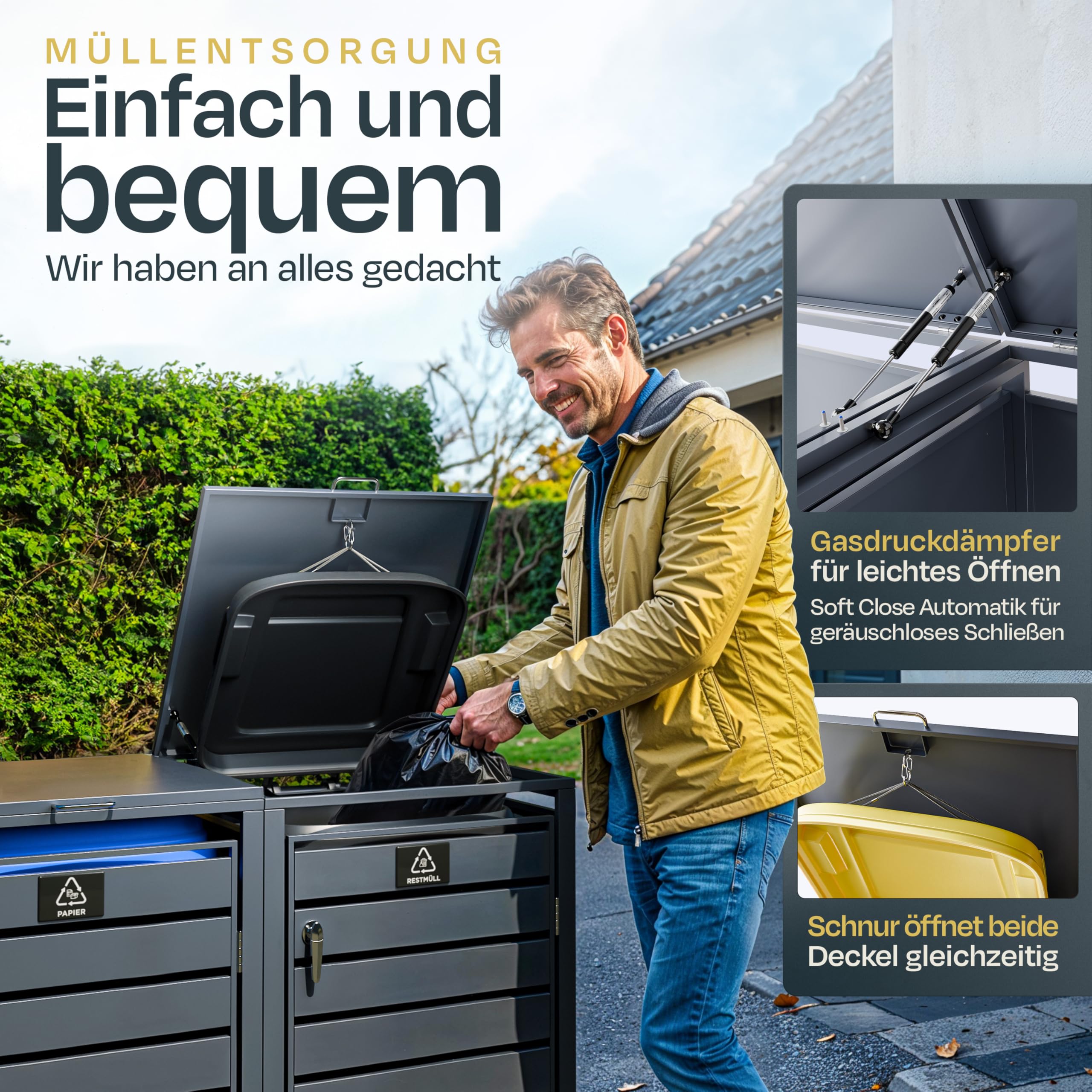 EDELFELD - Wetterfeste Mülltonnenbox für 3 Tonnen [bis 240L] - Abschließbare Mülltonnenverkleidung aus massivem Stahl - 3er Mülltonnenbox mit Soft Close - Inkl. Magnete zur Müllbox Beschriftung