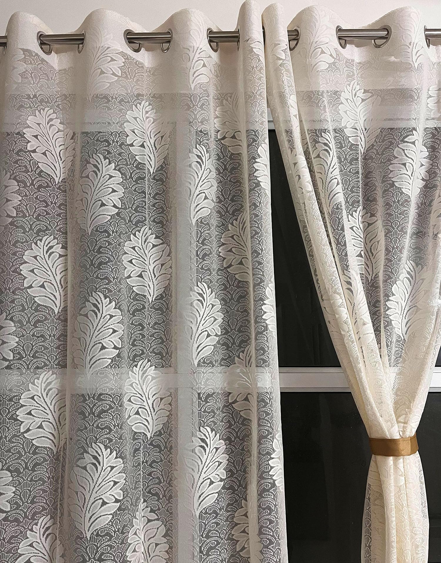 Fabrilia Sheer Net Semi Transparent Grommet Curtains for Window 5 Feet Long Set of 2, Cream