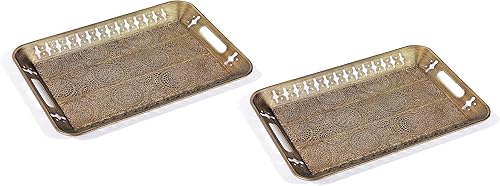 Miniatura 5 de Bandeja de metal decorativa rectangular resistente de 16 pulgadas con decoración de filigrana en oro champán, bandeja de metal para servir, bandeja