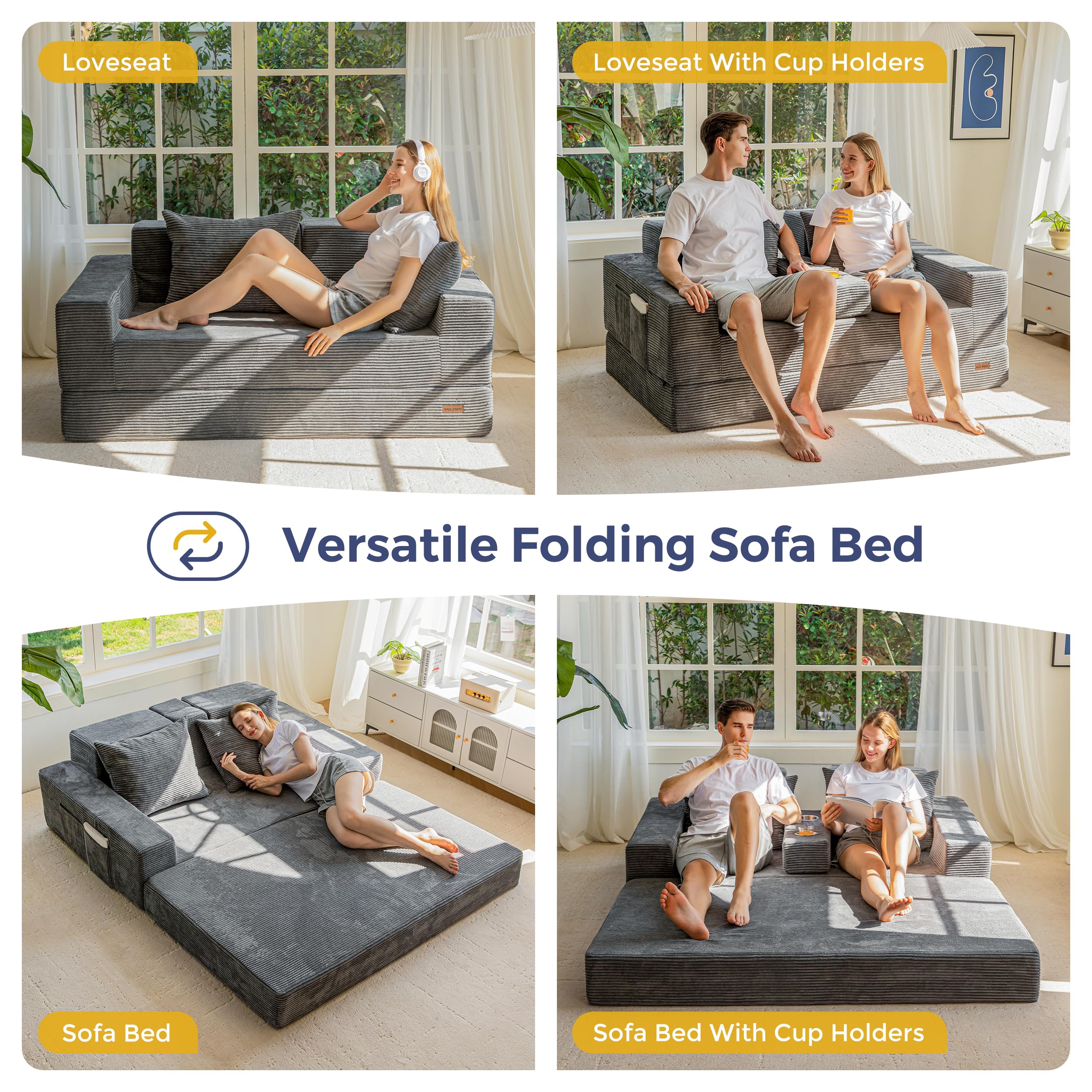 MAXYOYO Divano Letto Pieghevole, Sofa da Pavimento in Velluto a Coste, Divano Funzionale Trasformabile con Portabicchieri e Cuscino, Sofa a Compressione per Soggiorno, Camera da Letto e degli Ospiti