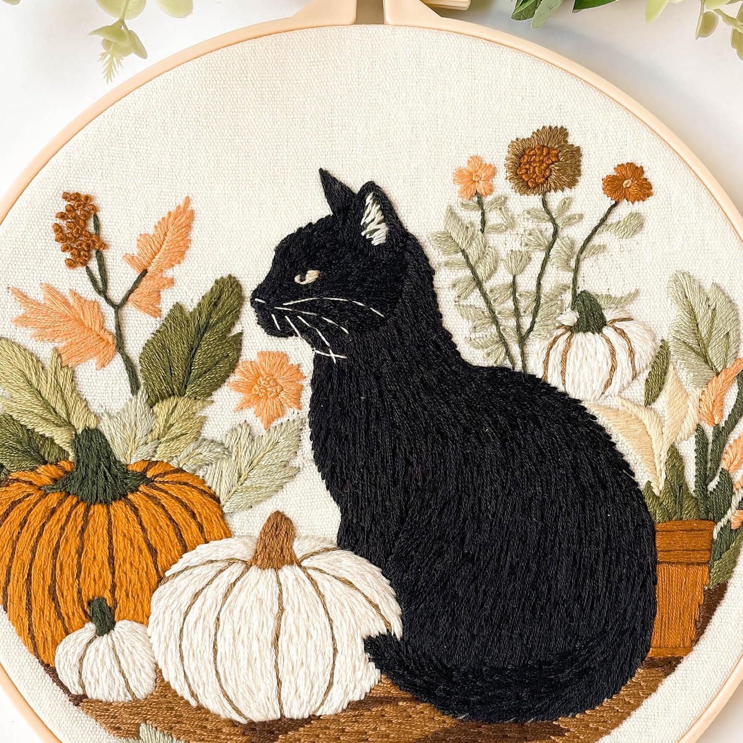 Myfelicity Embroidery kit,Fall Black Cat Embroidery Kit, Set of 3 Hoops, Autumn Pumpkin and Floral Design
