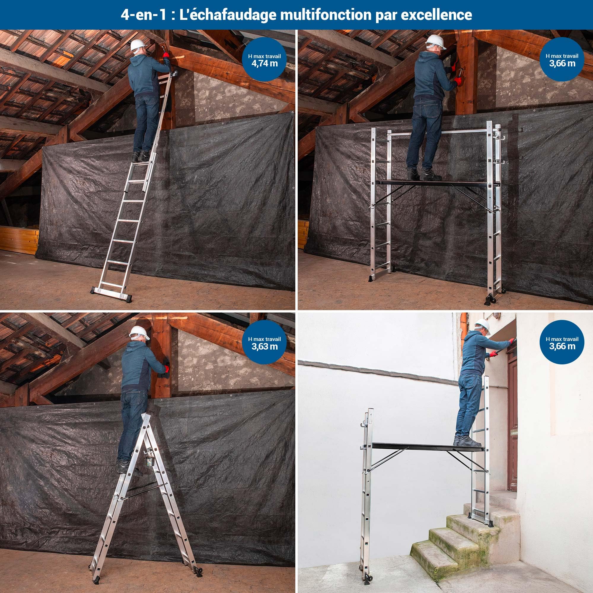 HOSTRÖM Andamio rodante SCAFFOLDAX2X7, andamio de jardín y Plegable multifunción 4 en 1, Escala 2 Planos, H MAX Trabajo 4,74 m, garantía de 5 años.