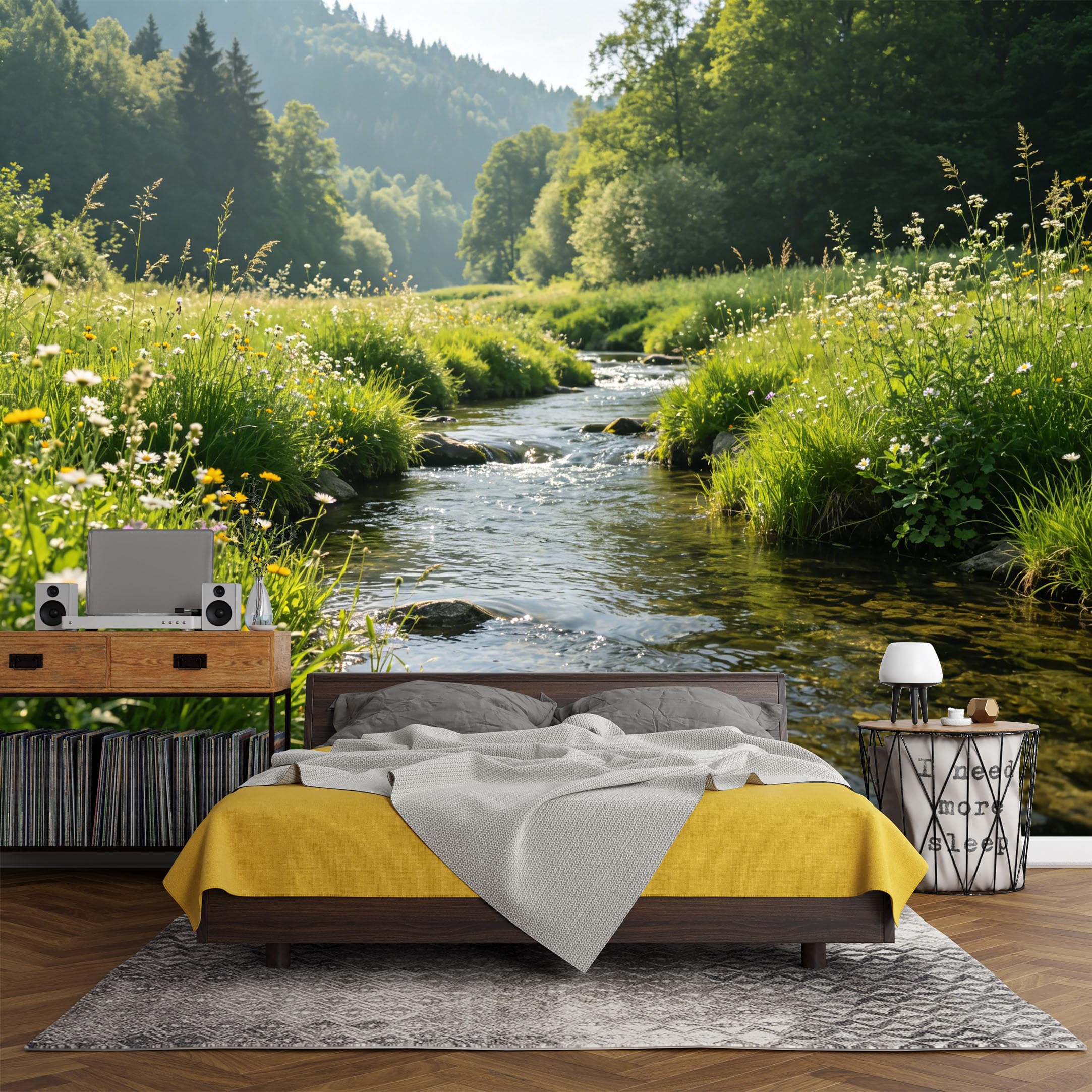 Custom Size Wall Mural， Landscape Mountain Forest Stream Wildflower Meadow Nature Scenery， SelfAdhesive Art Prints wall Fabric (No PVC) Removable Wallpaper Living Room Decor