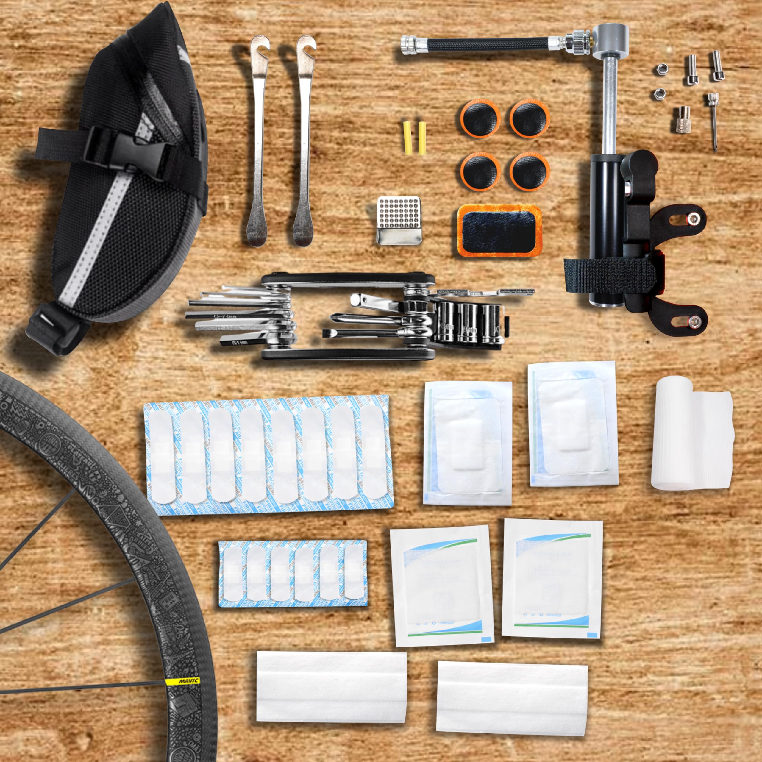 WONCROW ® Kit Réparation Vélo + Trousse Premiers Secours : Sacoche de Selle + Pompe + Outil Multifonction + Rustine Velo Accessoire Démonte Pneu Crevaison Electrique Pedale Chambre Air Reparation Vtt