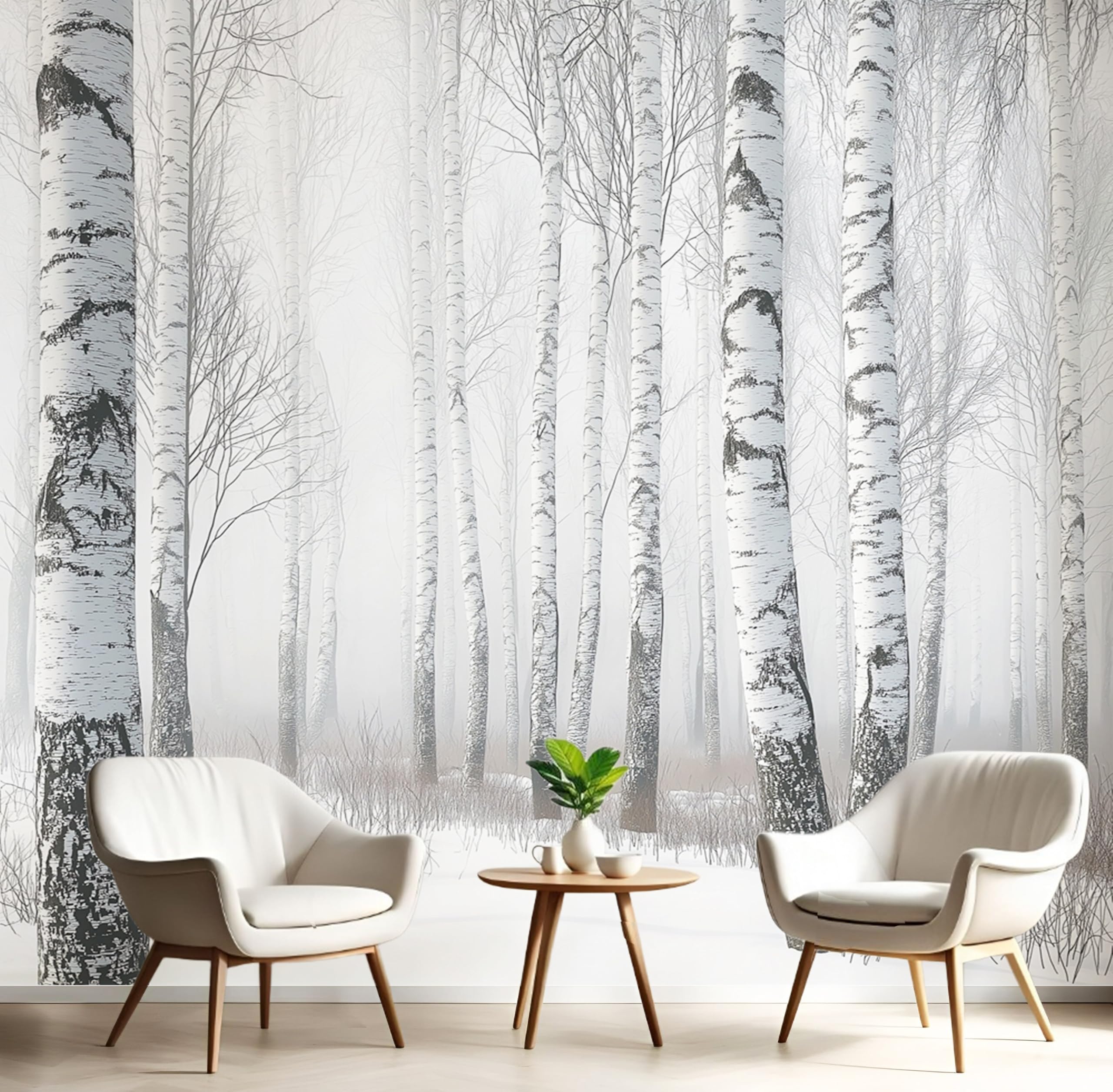 Papier peint 3D blanc cassé forêt de bouleaux brumeux poster géant mural panoramique