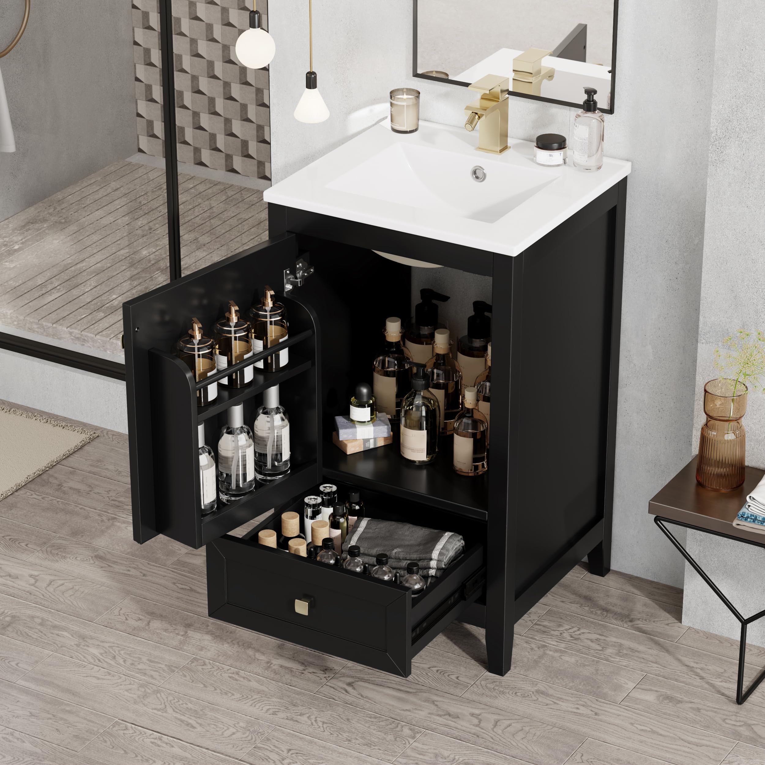 20" Bathroom Vanities with Ceramic Sink, Storage Rack Shelf and One Drawer, Solid Wood & MDF Board, Black