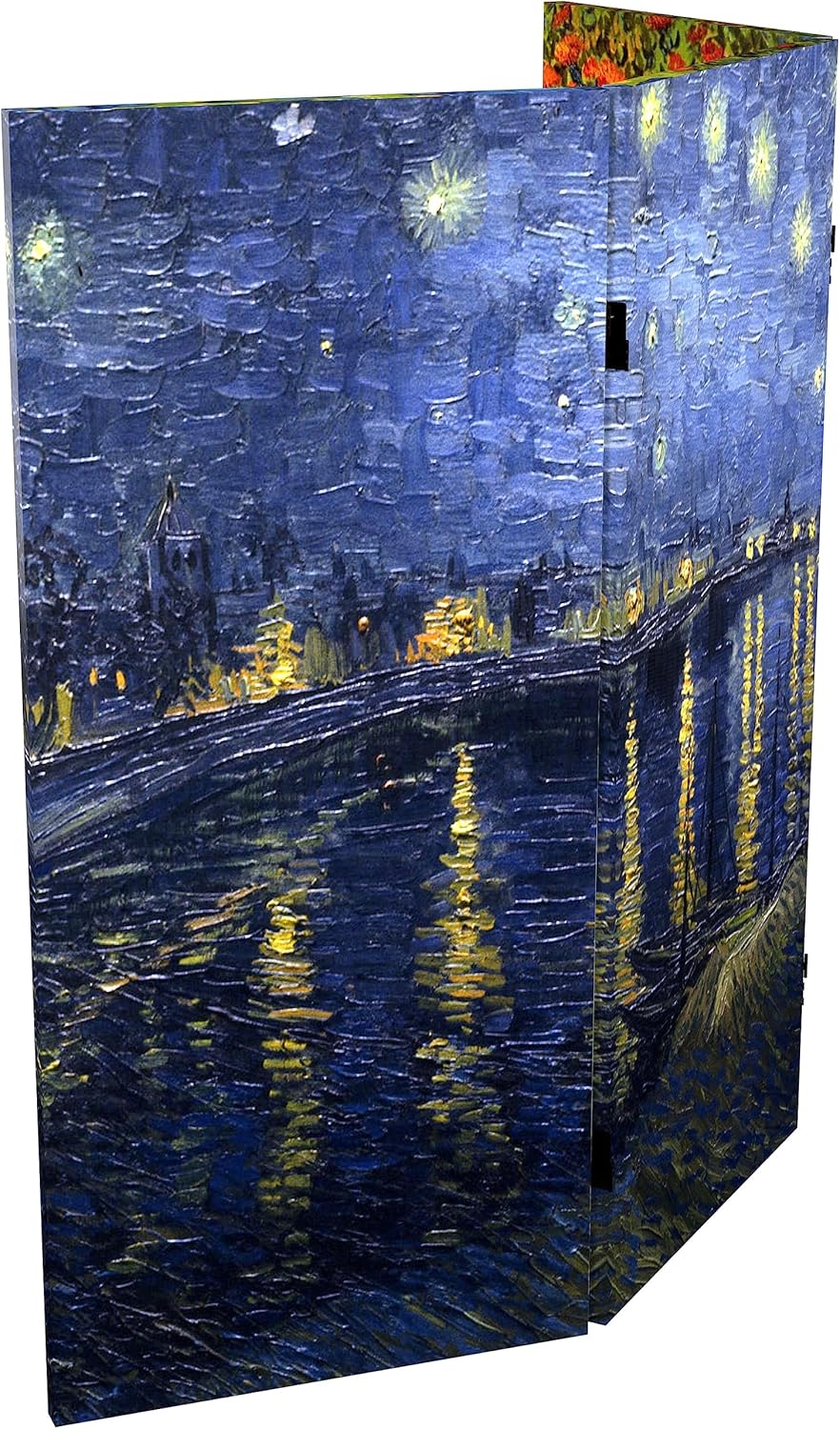 Red Lantern 3 ft. Short Double Sided Works of Van Gogh Canvas Folding Screen Irises/Starry Night Over Rhone 3 Panel Freestanding Partition and Separator for Modern and Contemporary Bedroom Home Office