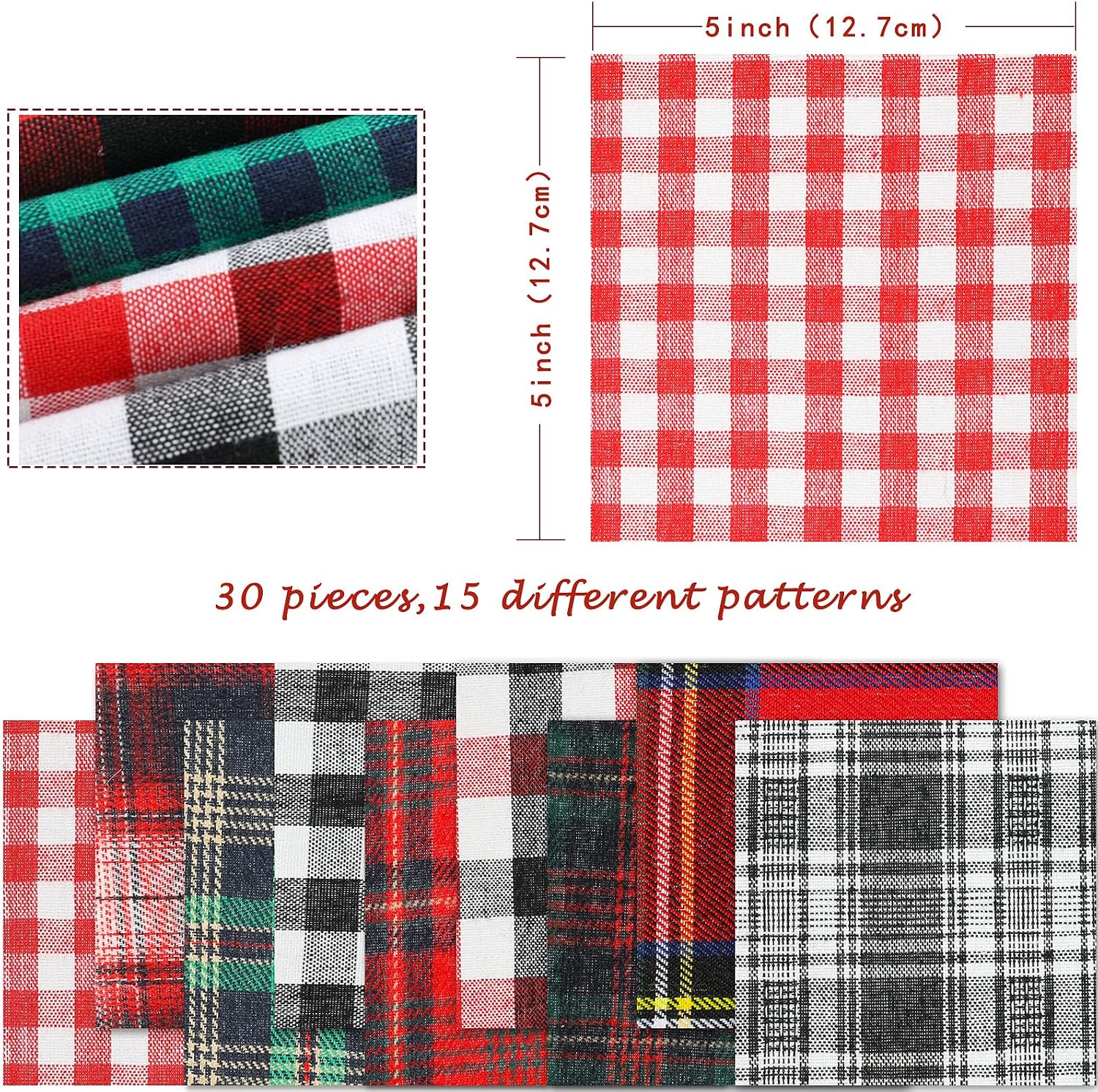Whaline 30 Pcs Christmas Plaid Fabric Squares Buffalo Check Cotton Fabric Square Red Green Black White Quilting Patchwork 15 Design Precut Quilt Charm Squares for DIY Art Craft Sewing, 5 x 5