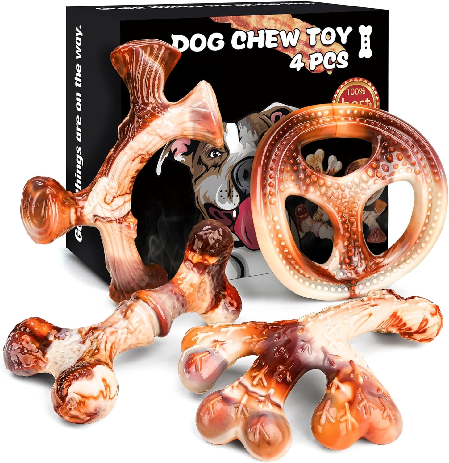 DBF 4 Pack Indestructible Dog Chew Toys for Aggressive Chewers Medium Small Breed – Durable Tough Dog Toy with Bacon Flavor, Heavy Duty Hard Nylon Dog Chew Bones for Large Dog Teething Cleaning