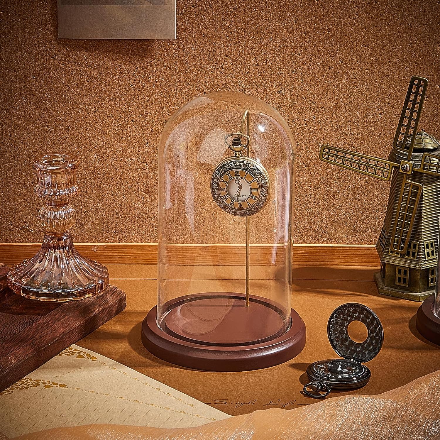 2 Pcs Pocket Watch Glass Display with Hooks Dome Cloche with Wood Base Christmas Decorative Showcase for Watch Plants Medals Photos Collectibles(Reddish Brown,4" X 7",Dome Style)
