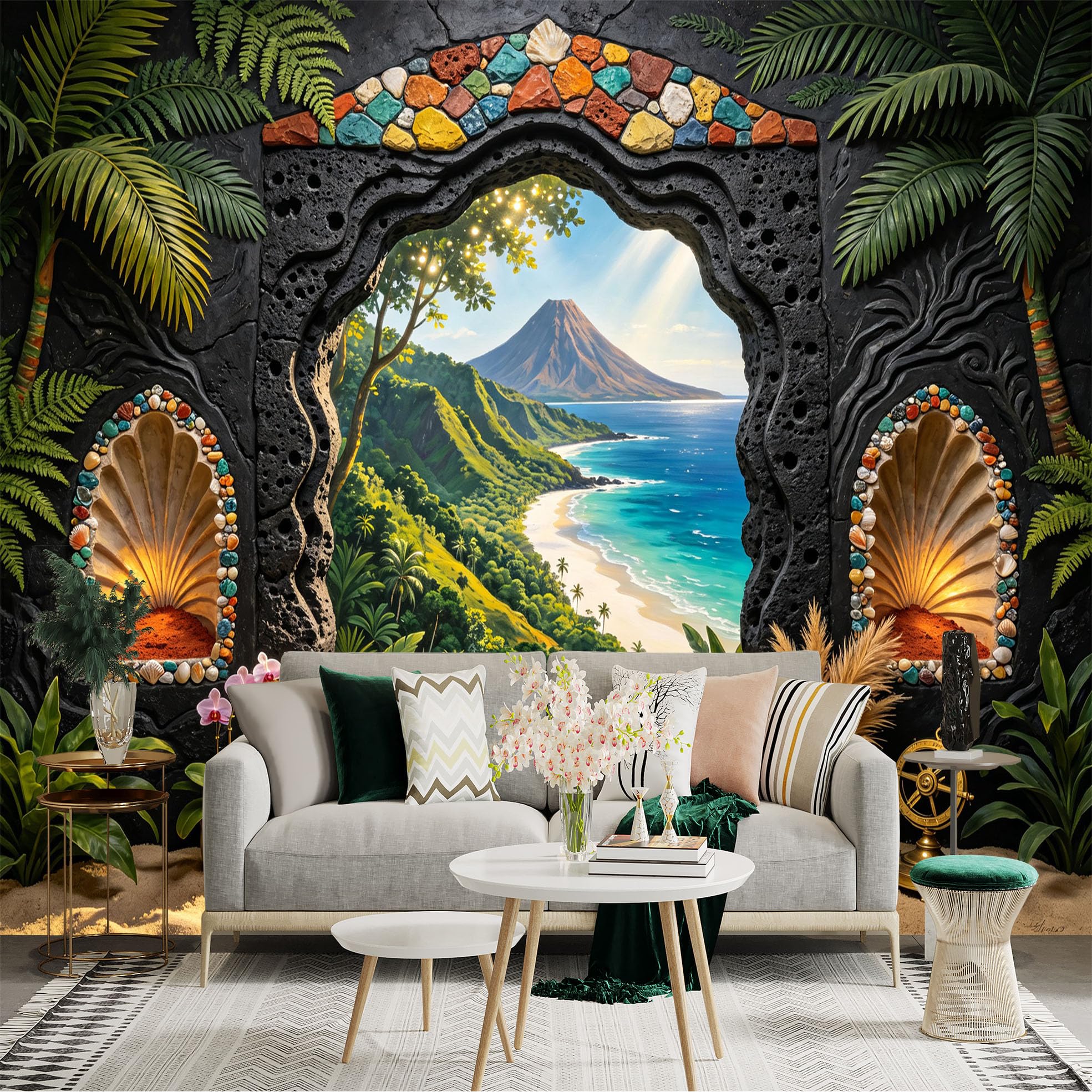 Custom Size Wall Sticker Mural， Tropical Beach Coastline， Volcano Mountain， Island Ocean View， for wall Decoration， peelandstick wall Decals.