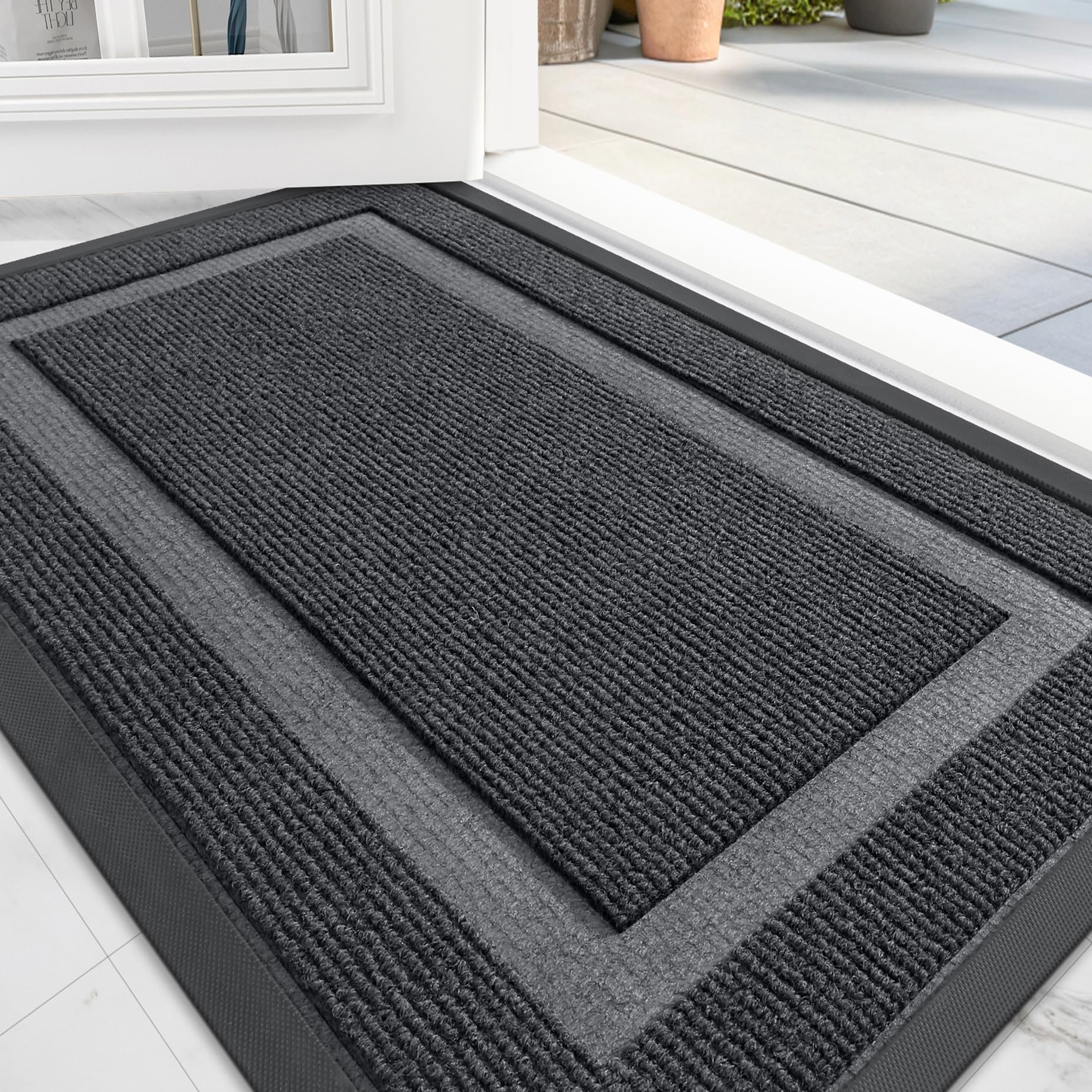 OLANLY Front Door Mat Indoor Outdoor Entrance, Waterproof All-Season, All-Weather Doormat, Sturdy Natural Rubber, Fade Resistant, Low Profile, Easy Clean Patio Porch Entryway Mat, 71x24, Grey