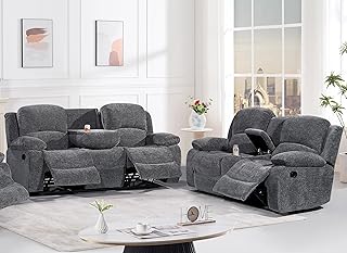 Betsy Furniture Soft Microfiber Reclining Sofa Set, Drop Down Table, Cupholder Console, Living Room Set, Sofa Loveseat Glider Chair 8018M (Dark Grey, Sofa+Loveseat)