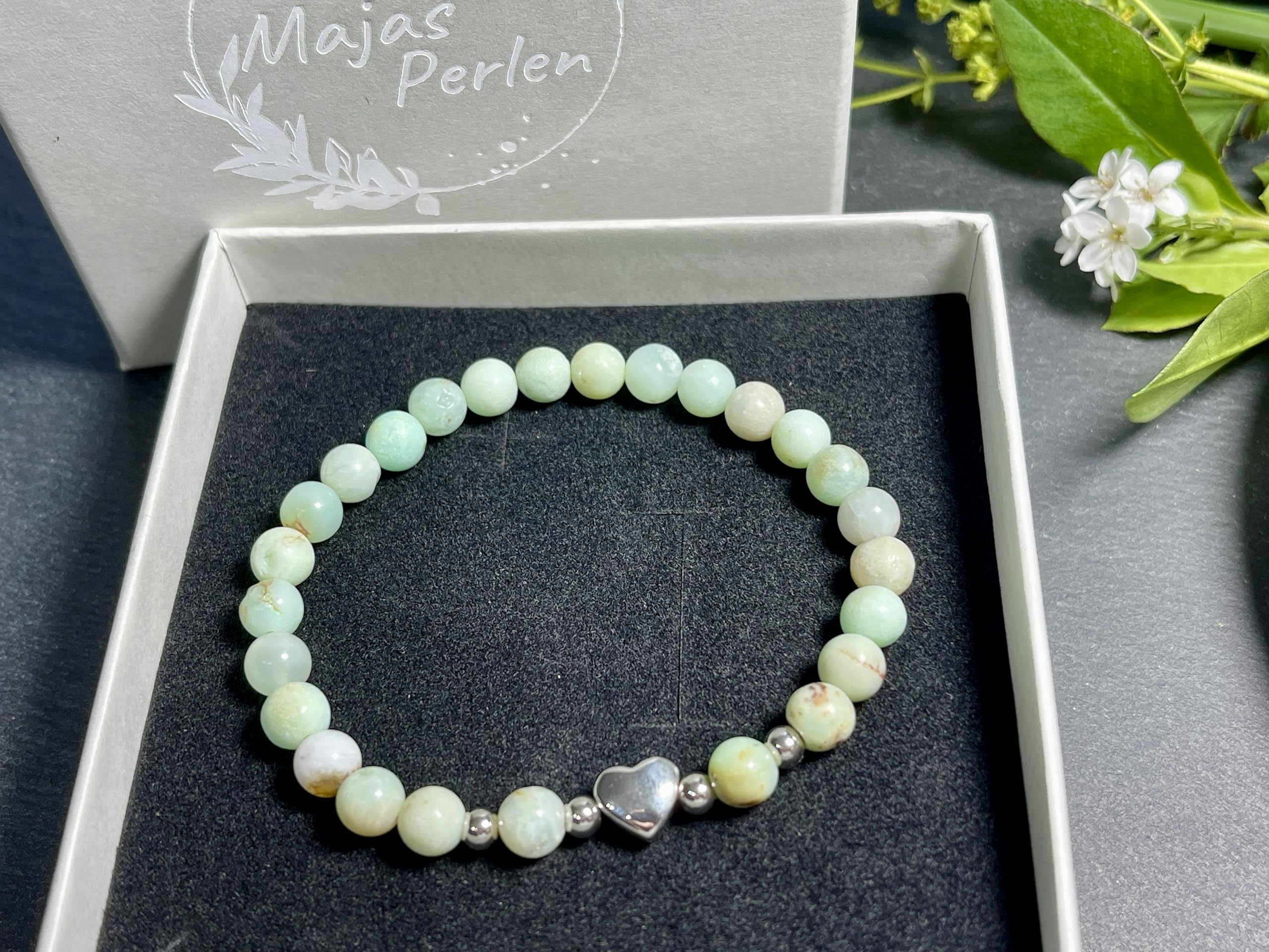 Chrysopras Armband Perlen echt 6mm Herz Edelstahl Silber Gold Roségold oder Ionisiert - Handmade Perlenarmband Vertrauen Geborgenheit Selbstvertrauen - Spiritueller Schmuck Damen Mädchen