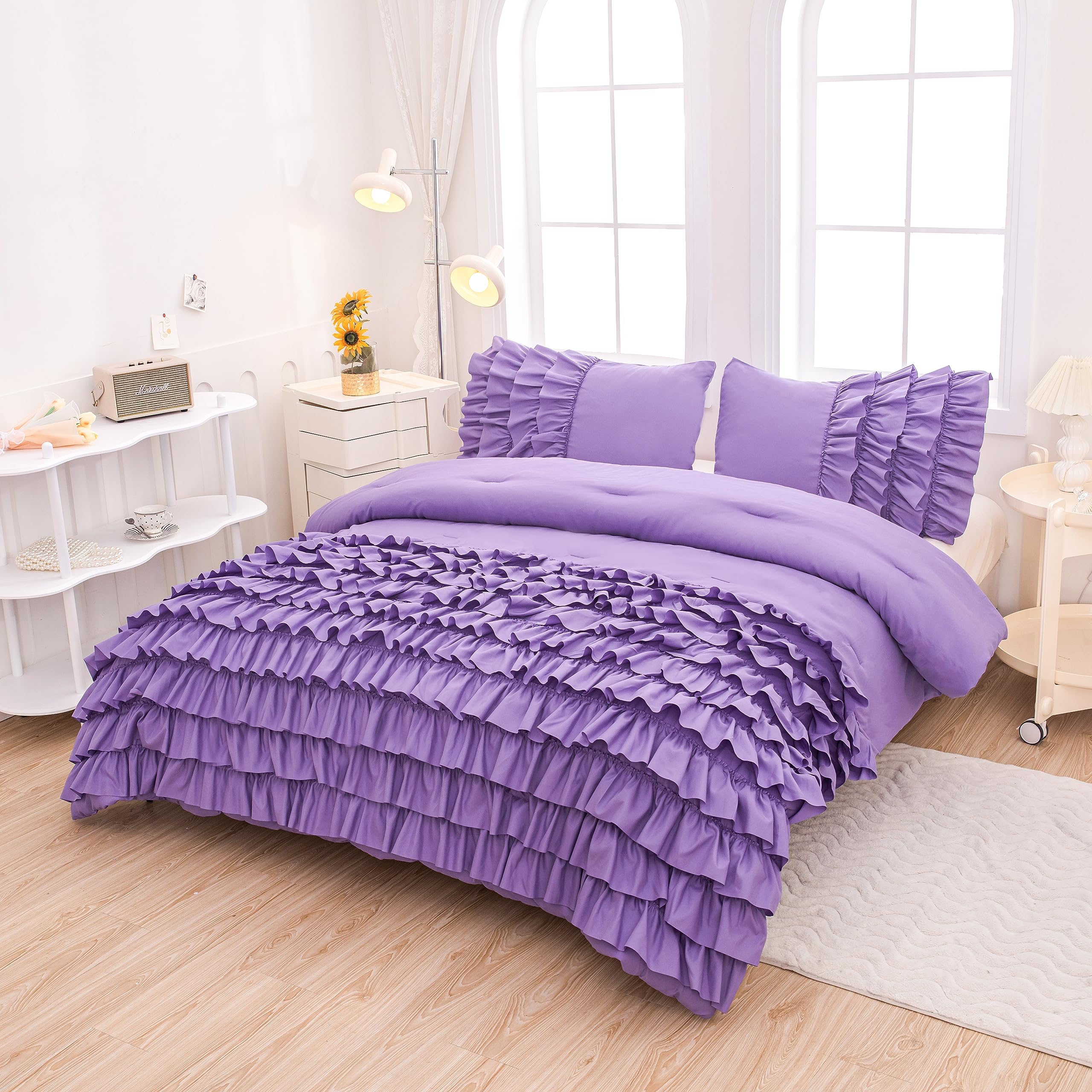 MWMWMW Full Size Comforter Set for Girls, Purple Ruffle Bedding Set Full, 5 Pcs Bed in a Bag for Girls, Purple Comforter Sets Full with 1 Fitted