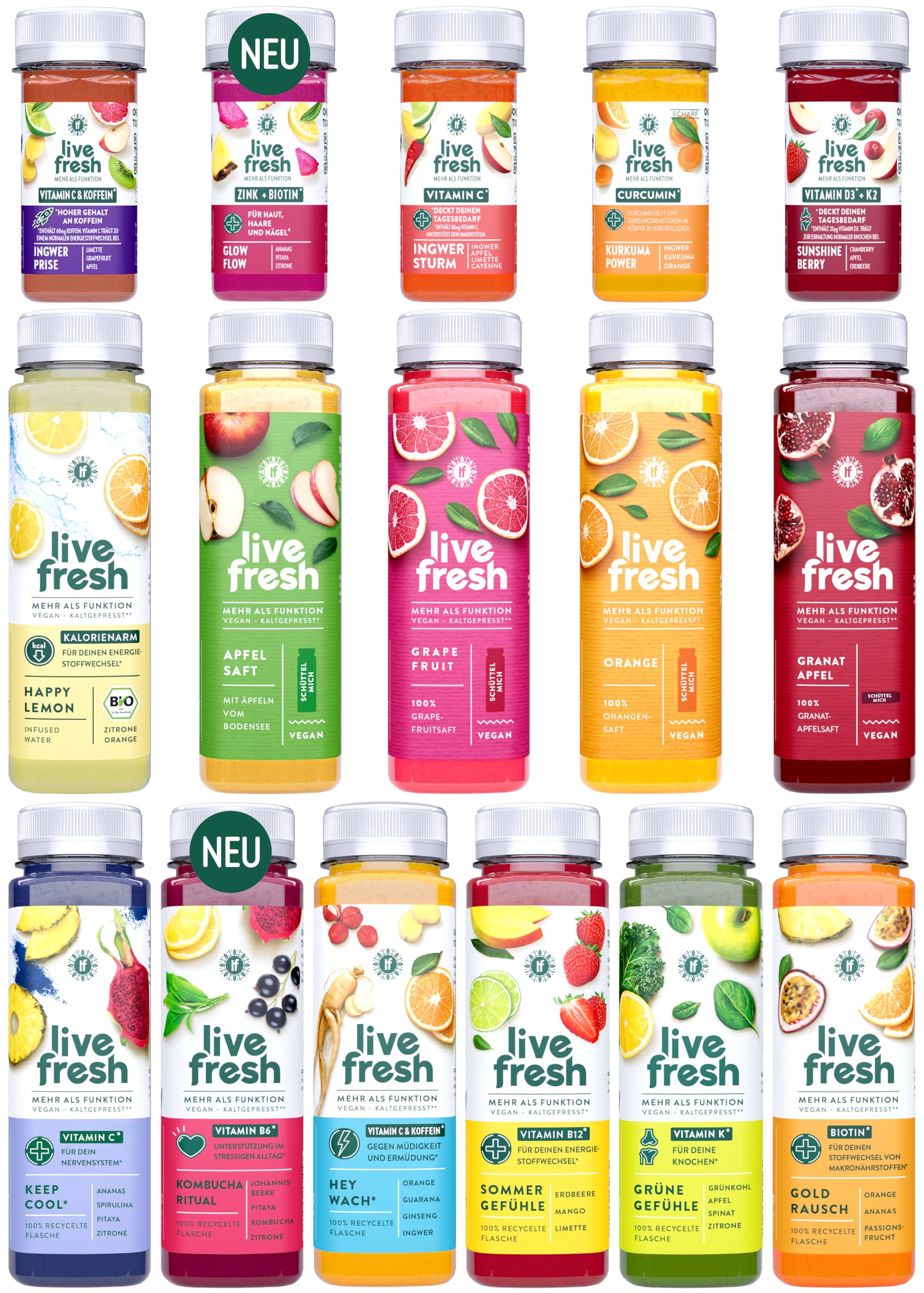LiveFresh Saft & Shot Probierpaket – 12 Säfte (250ml) & 8 Shots (60ml) – Kaltgepresst aus frischem Obst & Gemüse – Frisch gepresste Fruchtsäfte ohne Zucker & Zusätze