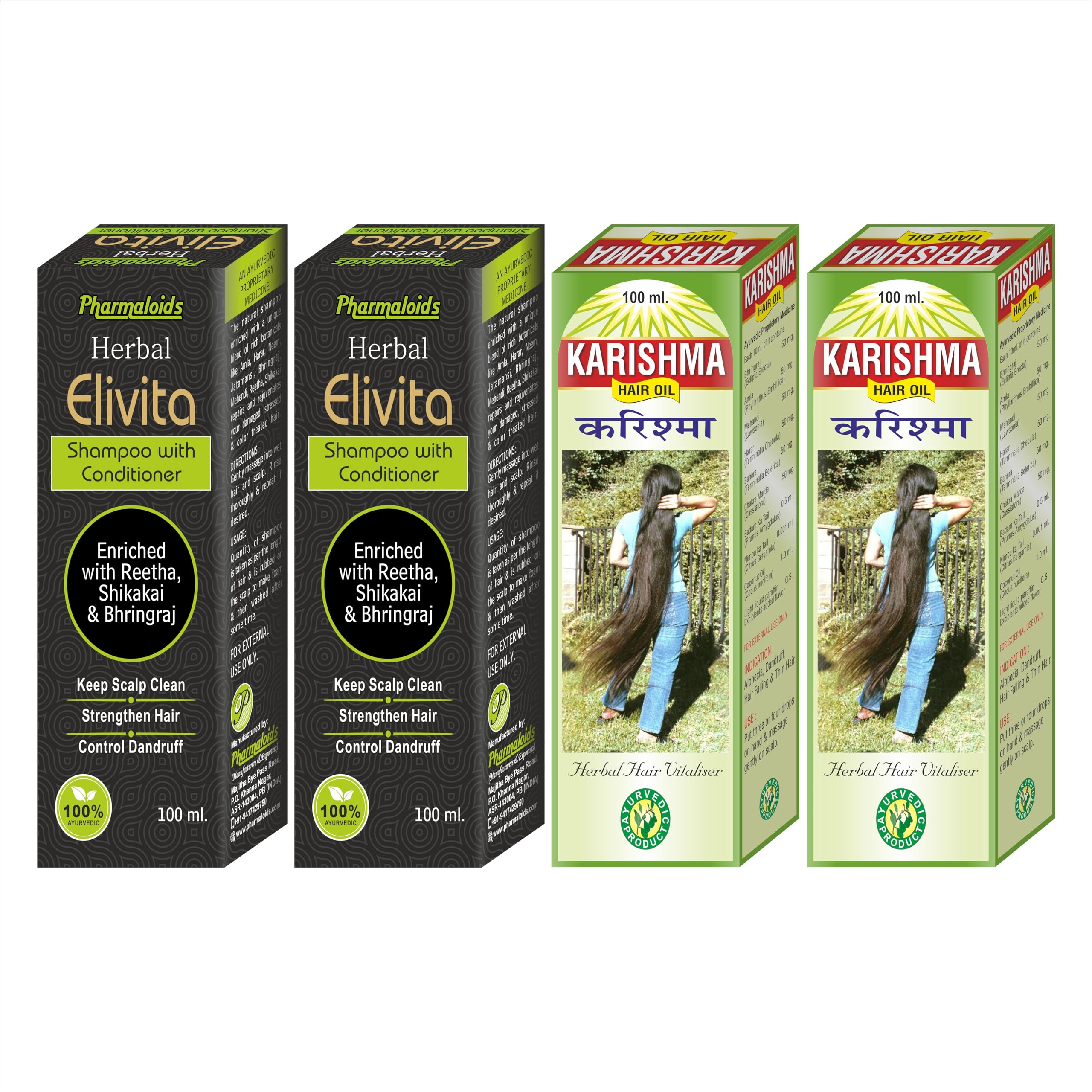 Pharmaloids Herbal Hair Combo Pack of Karishma Hair Oil & Elivita Shampoo For Complete Hair Solution From Hairfall to Stronger Longer Hair | Pack of 4 (100ml x 4 Pcs.) USFDA Inspected Unit Product