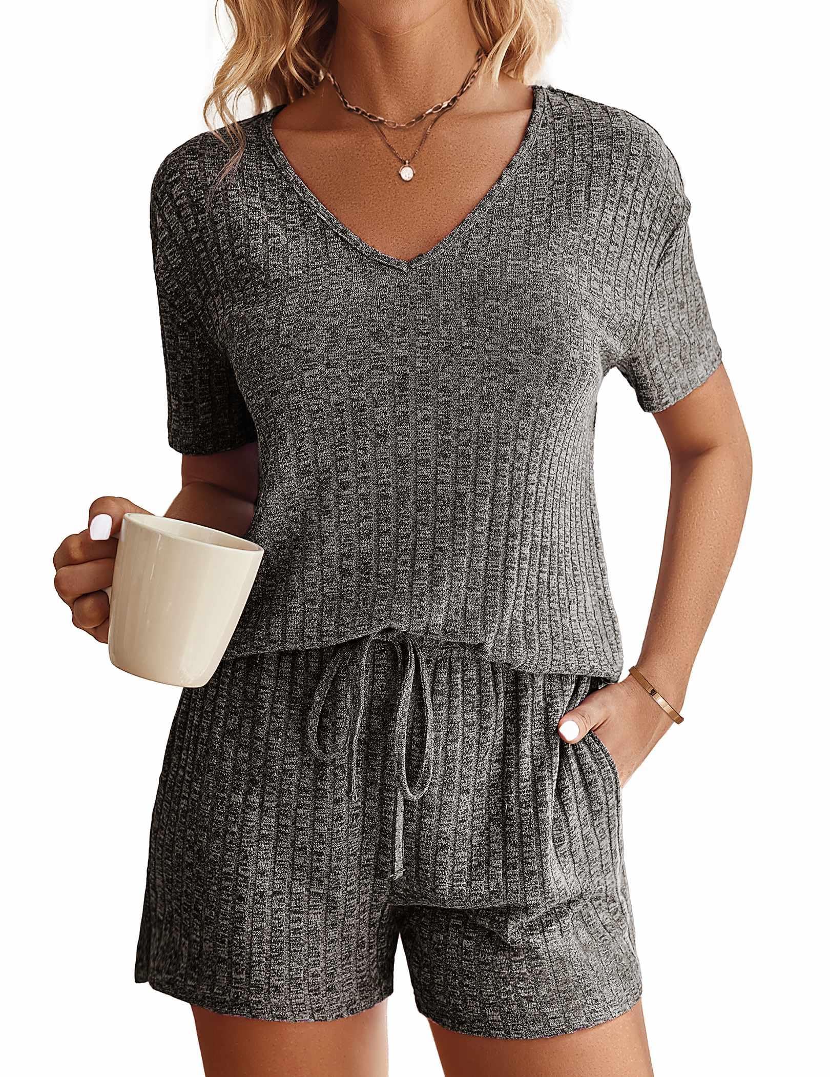 EkouaerWomens Ribbed Knit Lounge Set Short Sleeve Top and Shorts Sleepwear Pajama Set Two Piece Shorts Outfits Set