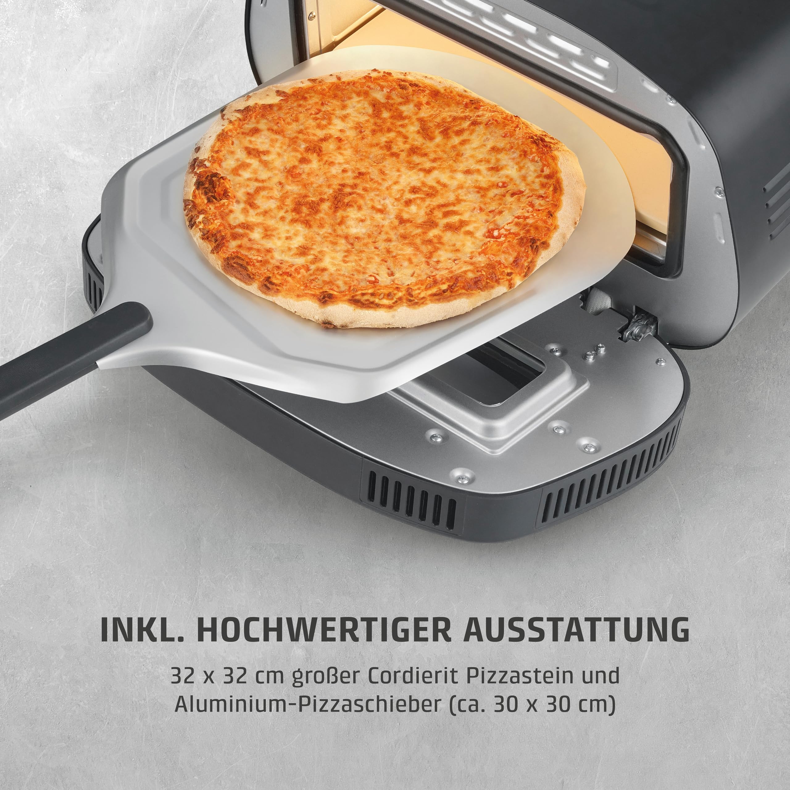 CASO PizzaChef 430° - elektrischer Pizzaofen, 80-430°C, mit Pizzastein | 8 Automatikprogramme, Cordierit Pizzastein (33x33cm), einstellbare Heizelemente, Innenraumbeleuchtung, Timer, Edelstahl