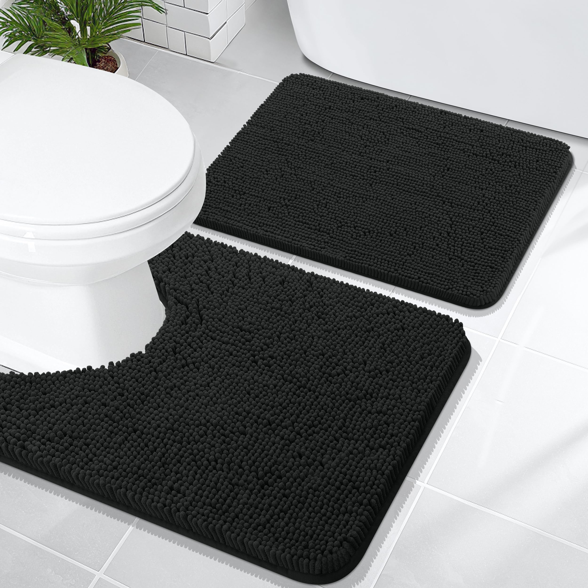 OLANLY Bathroom Rugs Sets 2 Piece Soft Absorbent Chenille Bath Mats and U-Shaped Contour Toilet Rug Non-Slip Machine