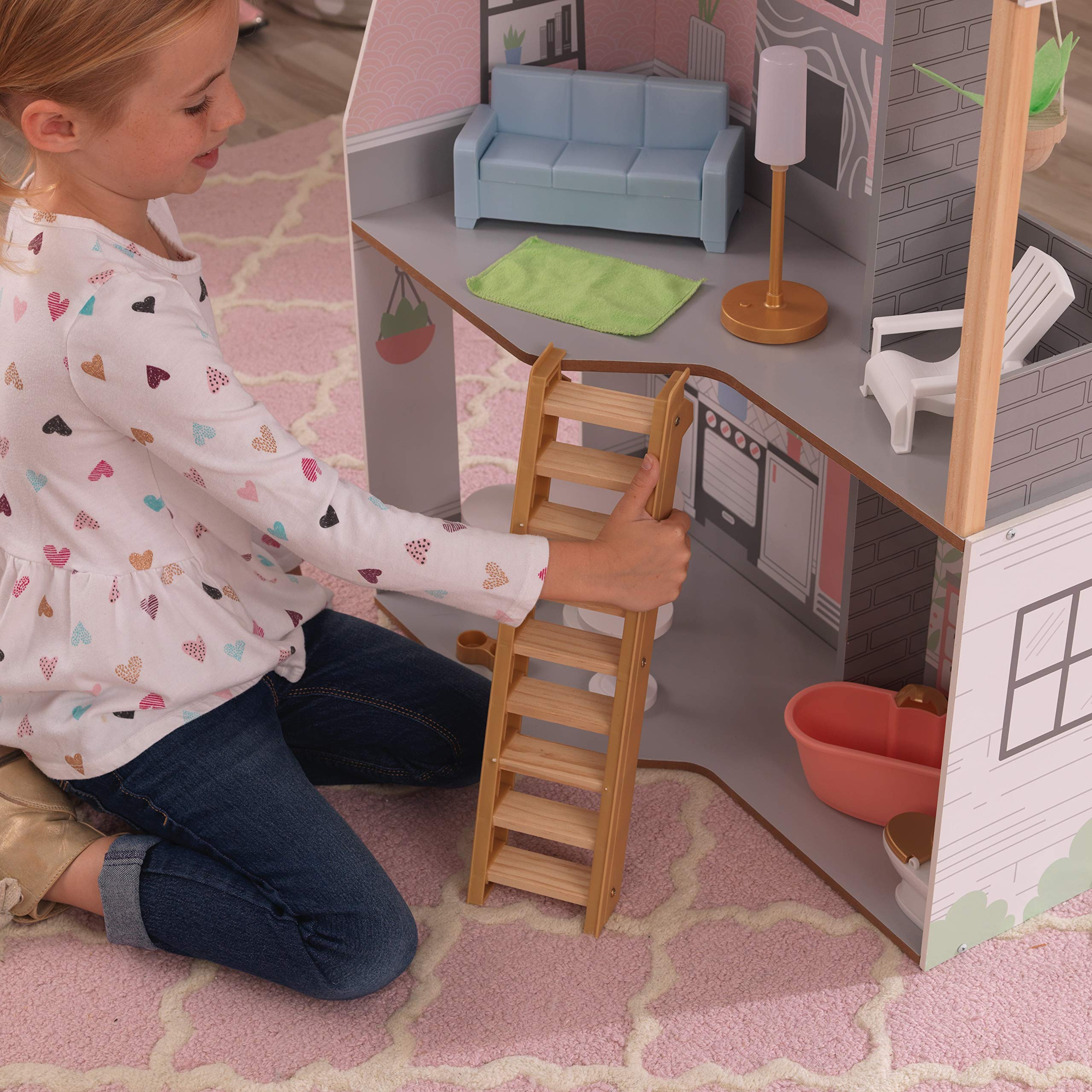KidKraft 10229 Alina domek dla lalek z drewna z meblami i akcesoriami, zestaw do zabawy z trzema poziomami zabawy dla lalek o wielkości 30 cm
