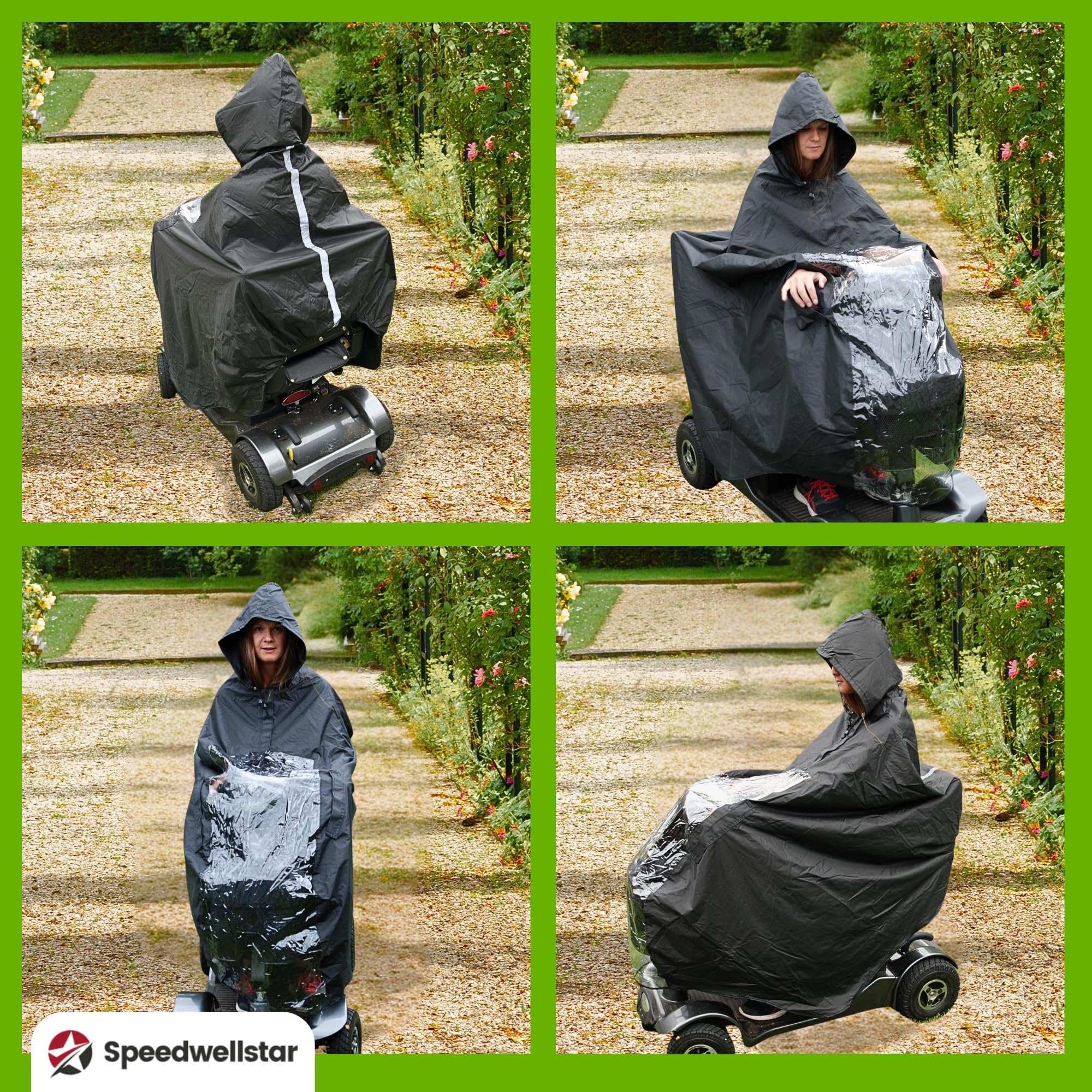 Speedwellstar Capa Lluvia Scooter Movilidad Impermeable Cortavientos Poncho Largo con Capucha Acceso Manos Panel Transparente Reflectante Negro