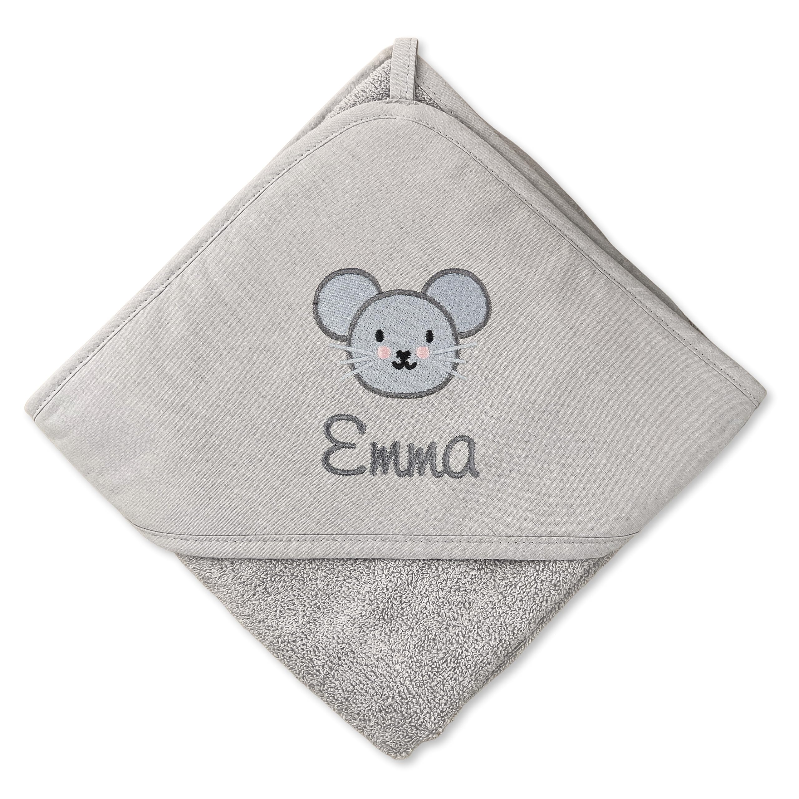 upstitch studio Kapuzenhandtuch für Baby (75x75cm) und Kinder (100x100cm) mit Namen personalisiert für Jungen und Mädchen aus 100% Baumwolle - Babyhandtuch und Kinderhandtuch (Grau, 75 x 75 cm)