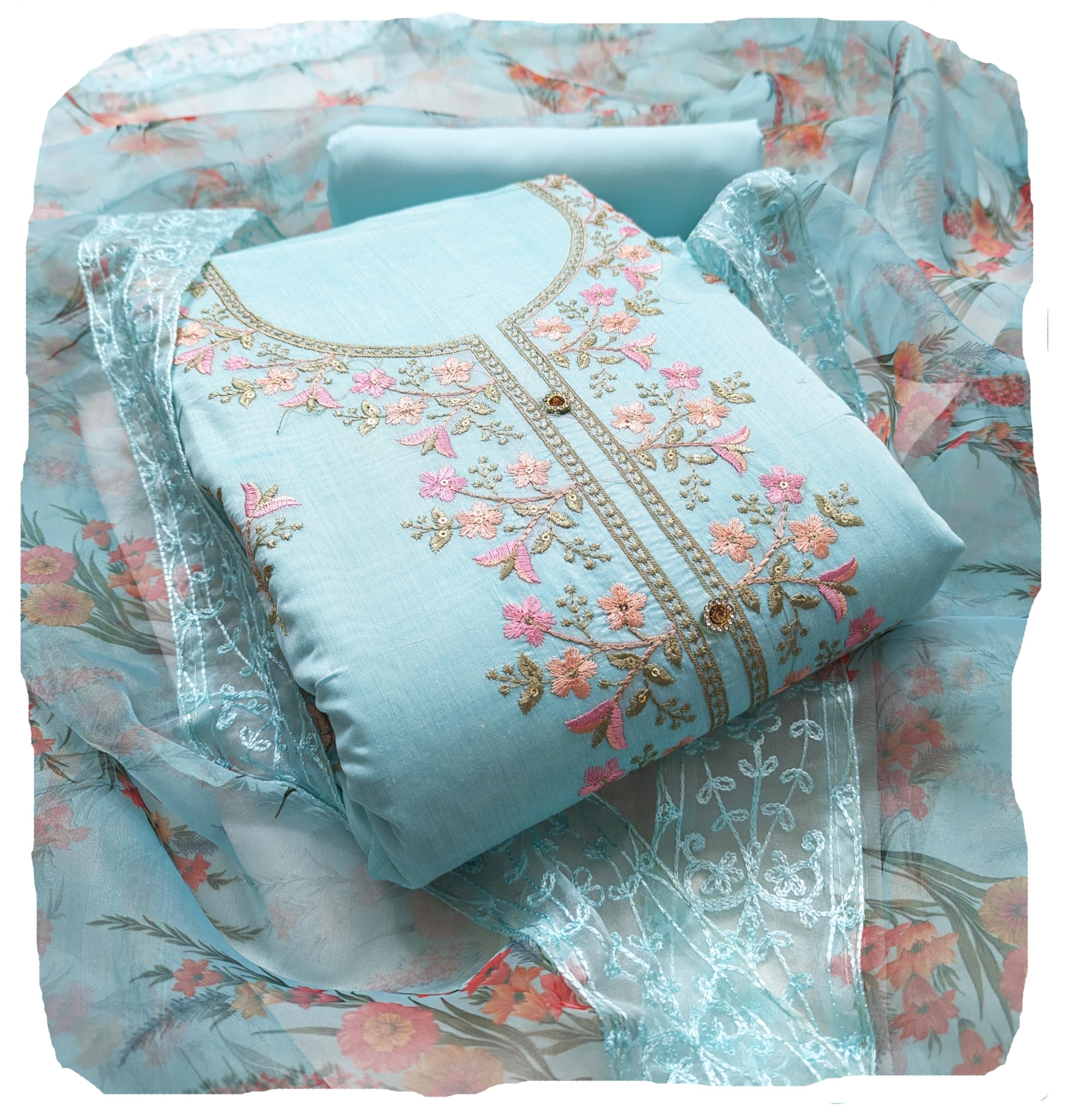 Women's Heavy Chanderi Cotton Embroidery Work Unstitched Salwar Suit Dress Material With Organza Printed Dupatta(Free Size)